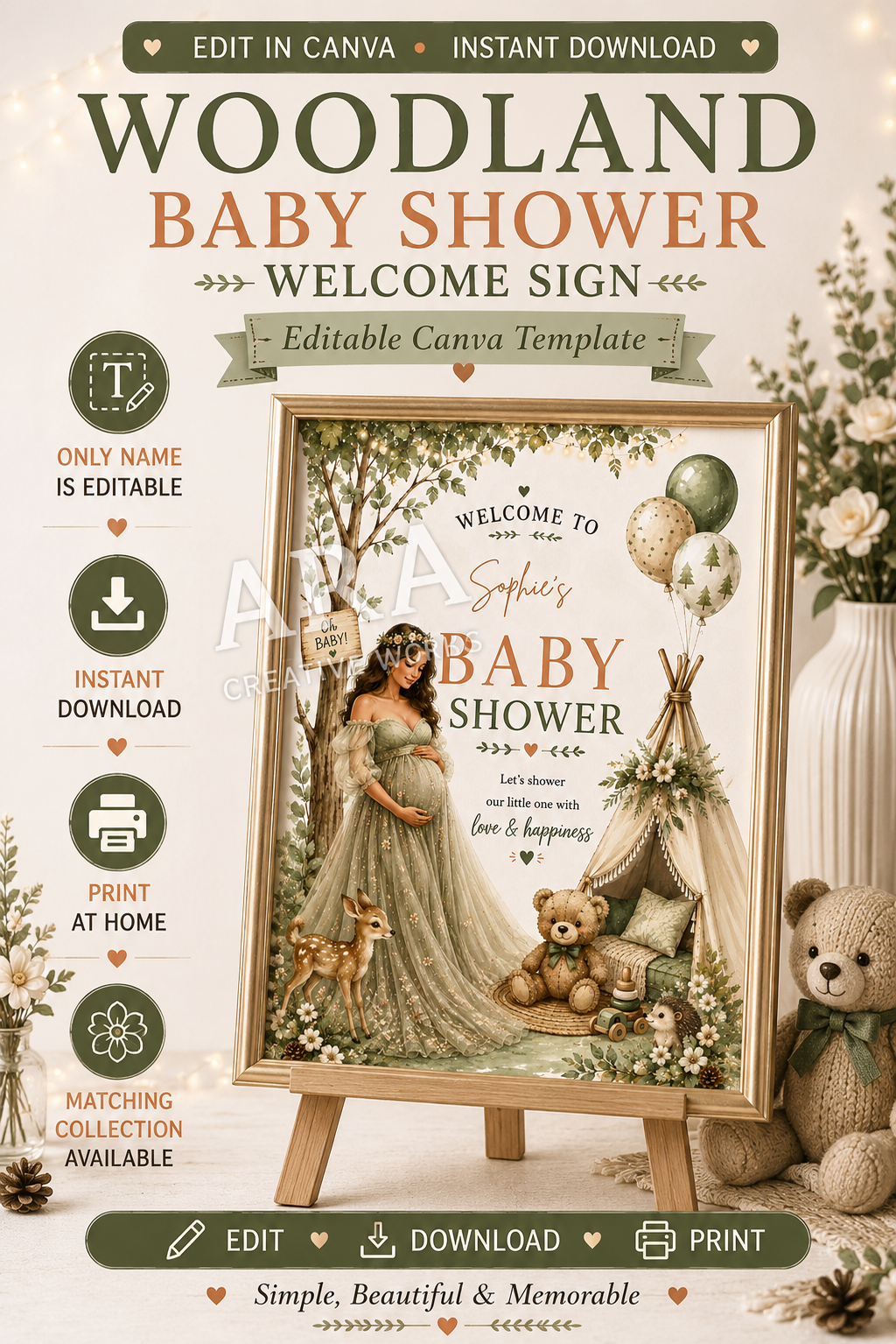 Woodland Baby Shower Welcome Sign | Editable Canva Template | Forest Baby Shower Sign | Woodland Animals Baby Shower Decor | Instant Download