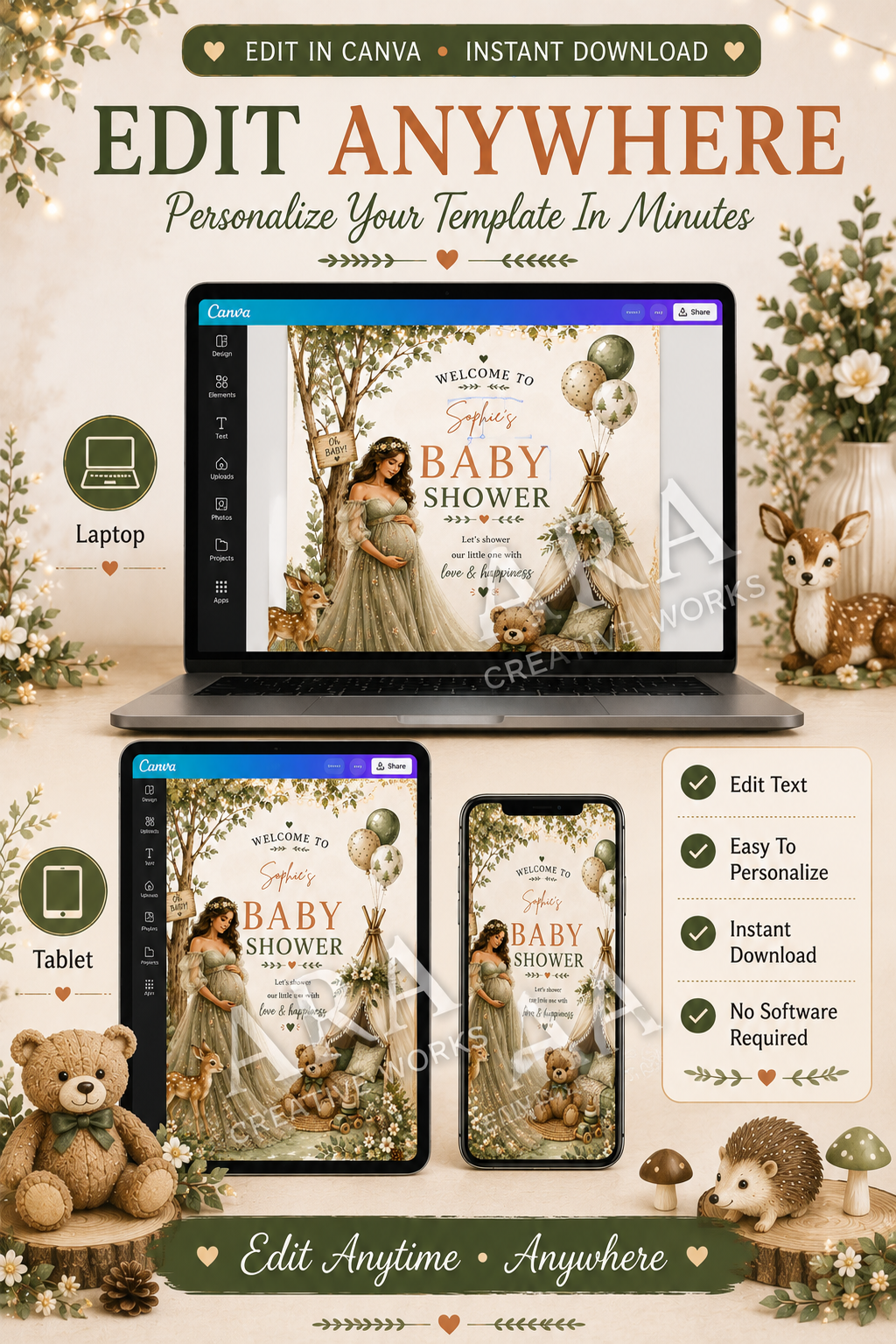 Woodland Baby Shower Welcome Sign | Editable Canva Template | Forest Baby Shower Sign | Woodland Animals Baby Shower Decor | Instant Download