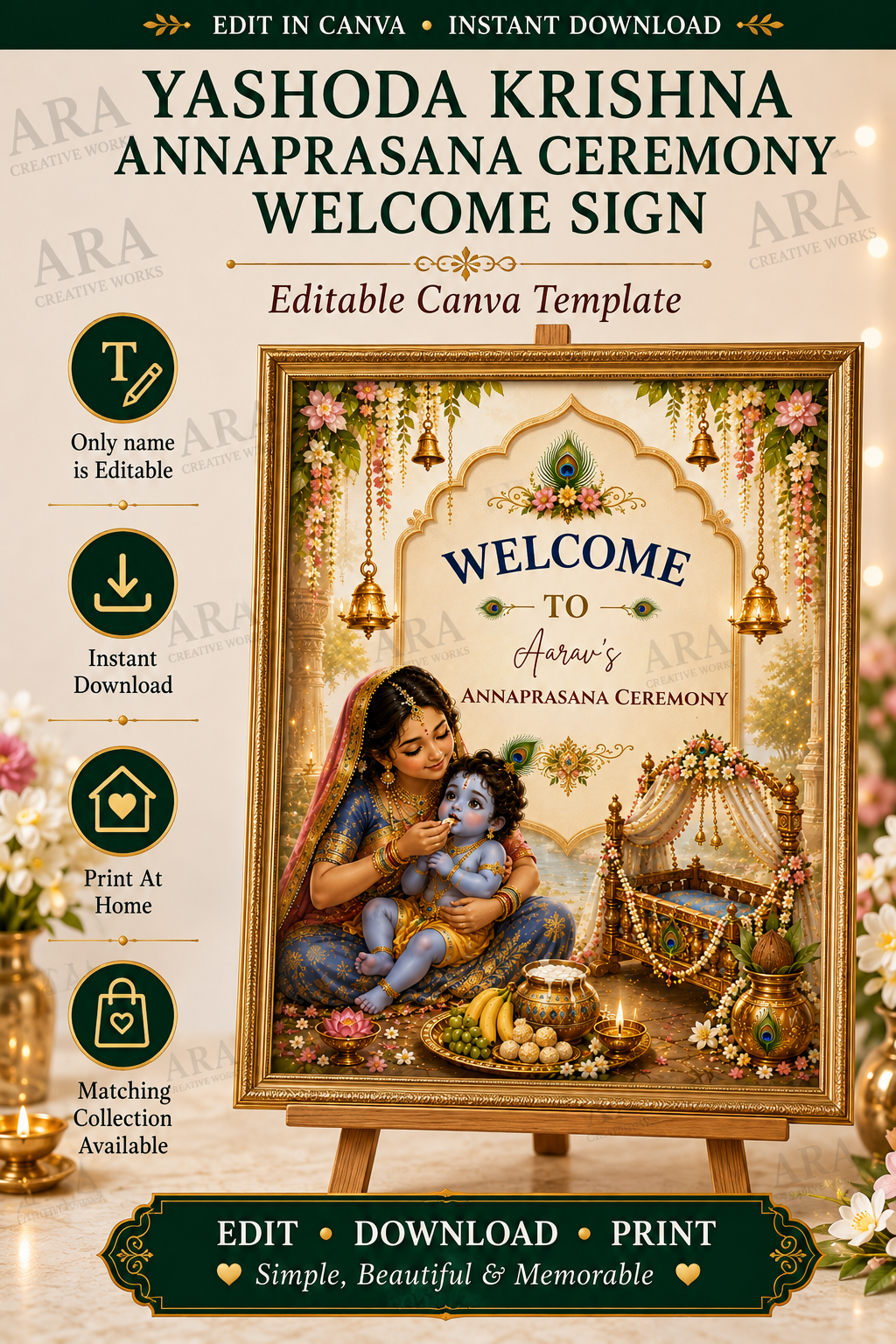 Yashoda Krishna Annaprasana Welcome Sign, Baby Boy Rice Feeding Ceremony, Editable Canva Template, Indian Annaprashana Welcome Board