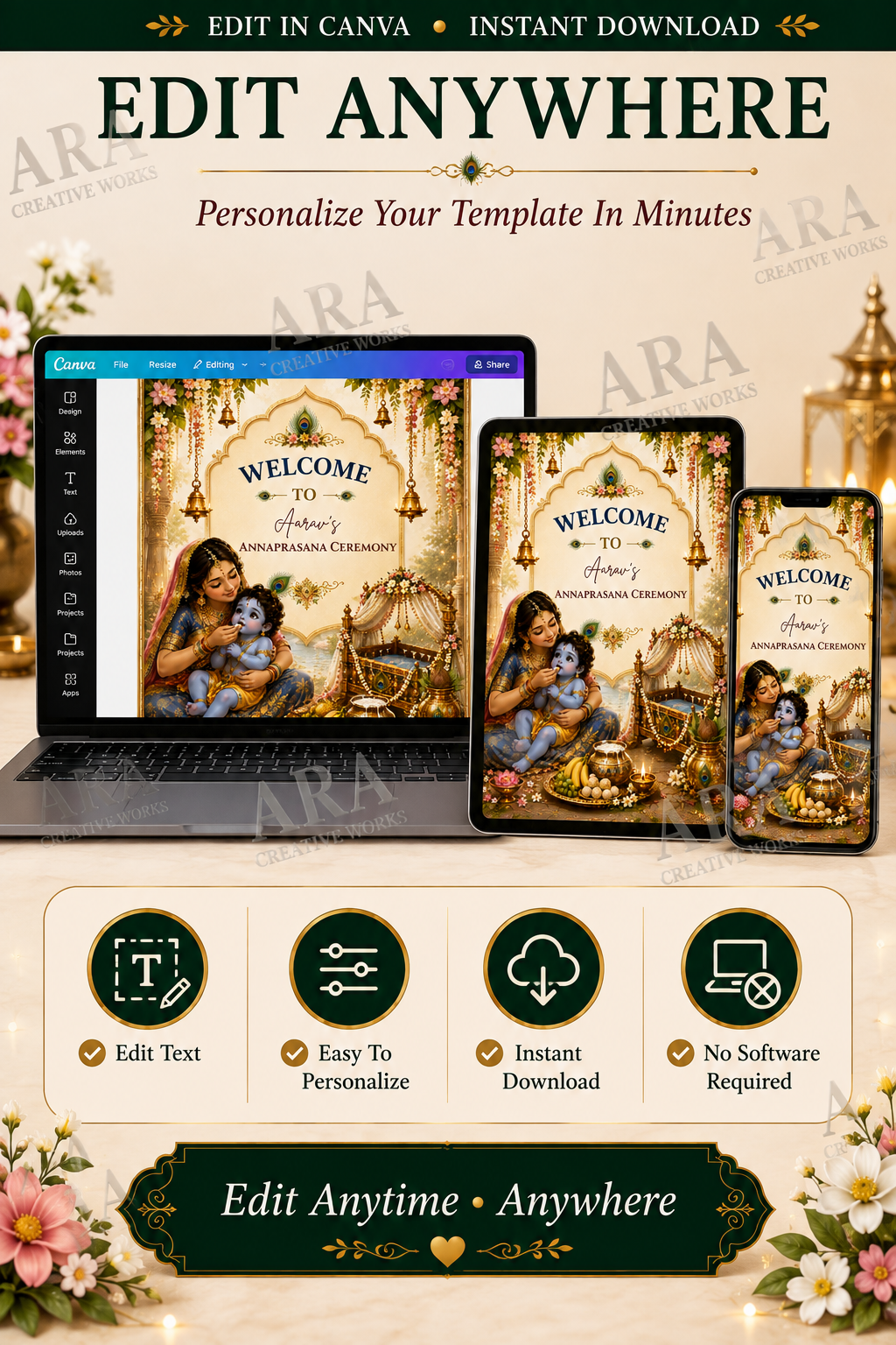 Yashoda Krishna Annaprasana Welcome Sign, Baby Boy Rice Feeding Ceremony, Editable Canva Template, Indian Annaprashana Welcome Board