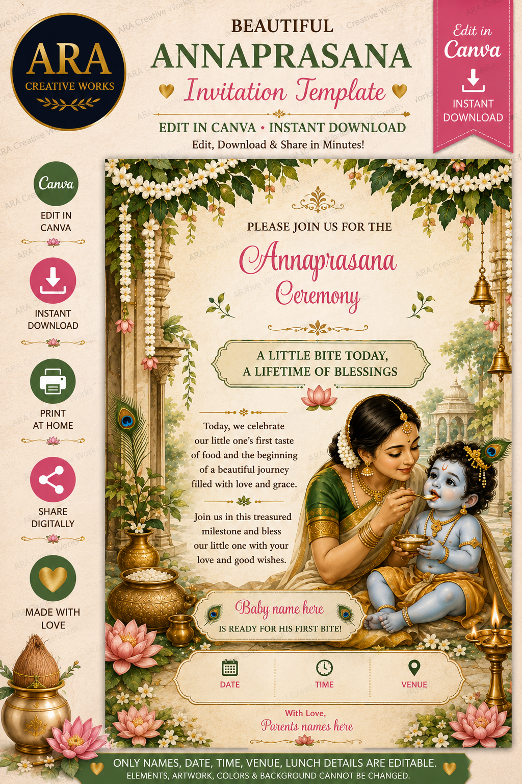 Yashoda Krishna Annaprasana Invitation Template | Editable Canva Invitation | Baby First Rice Ceremony Digital Download