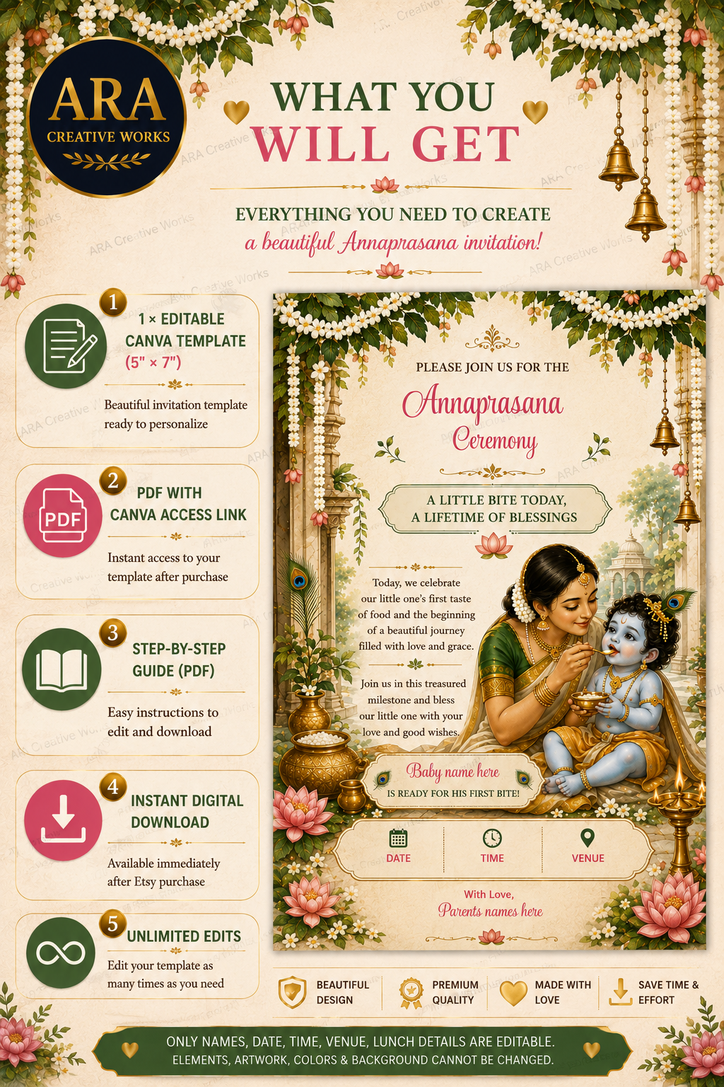 Yashoda Krishna Annaprasana Invitation Template | Editable Canva Invitation | Baby First Rice Ceremony Digital Download