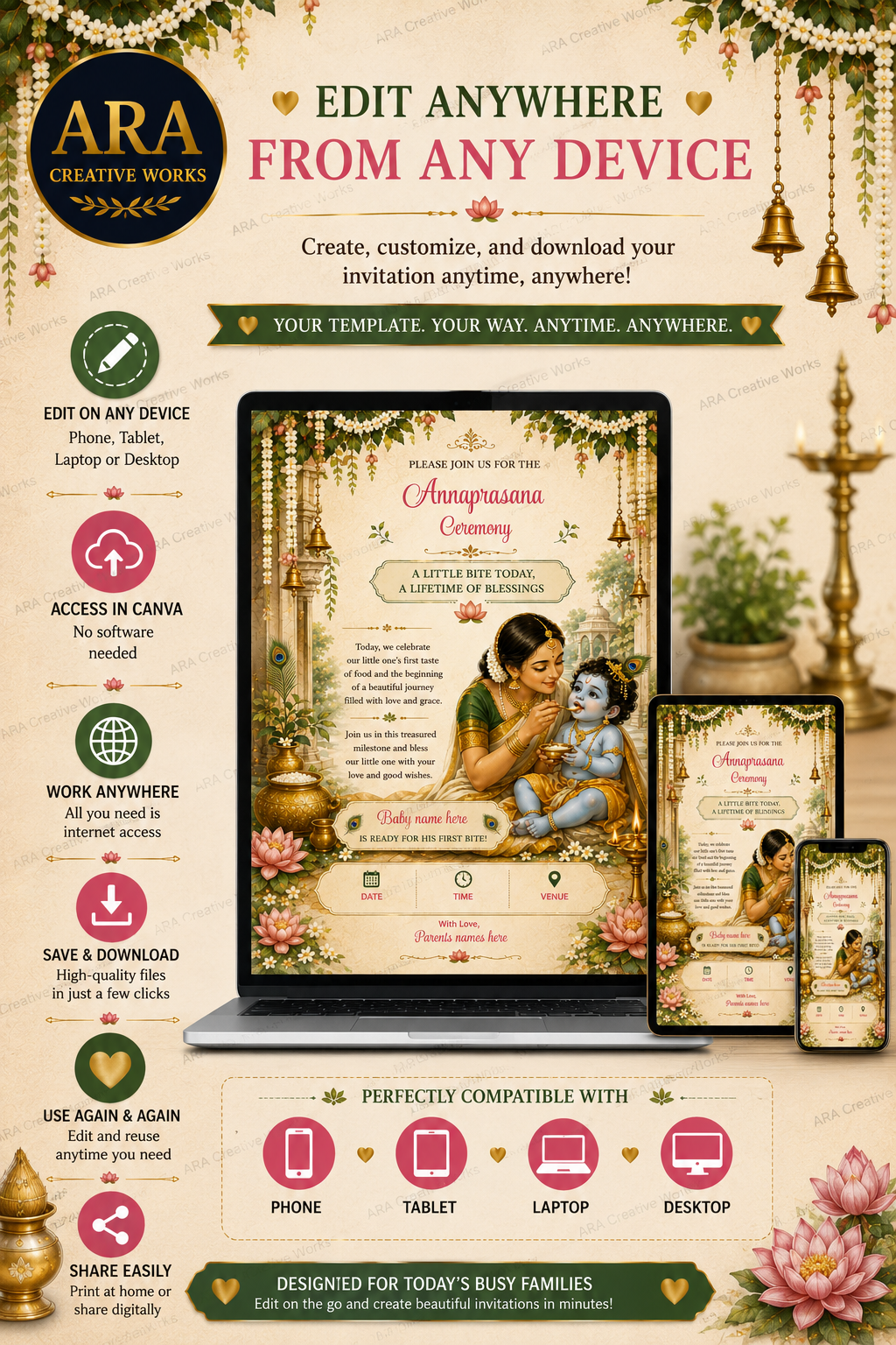 Yashoda Krishna Annaprasana Invitation Template | Editable Canva Invitation | Baby First Rice Ceremony Digital Download