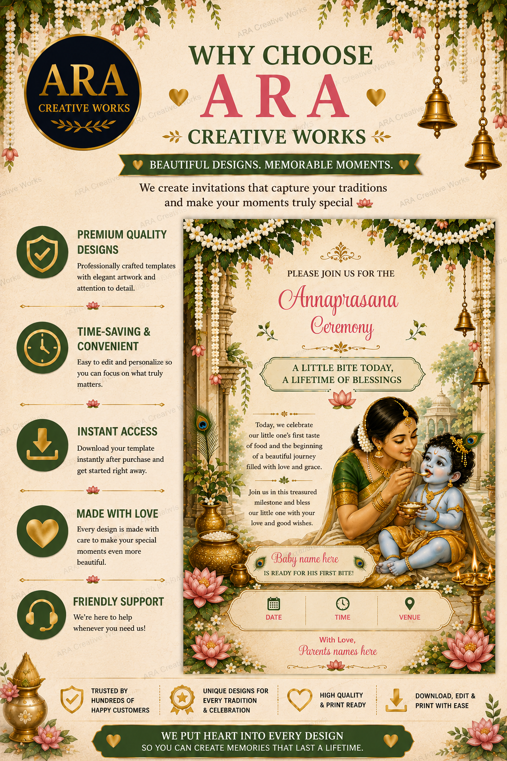 Yashoda Krishna Annaprasana Invitation Template | Editable Canva Invitation | Baby First Rice Ceremony Digital Download