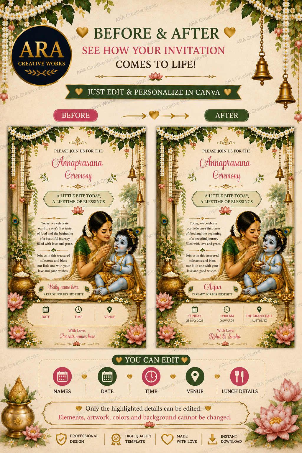Yashoda Krishna Annaprasana Invitation Template | Editable Canva Invitation | Baby First Rice Ceremony Digital Download