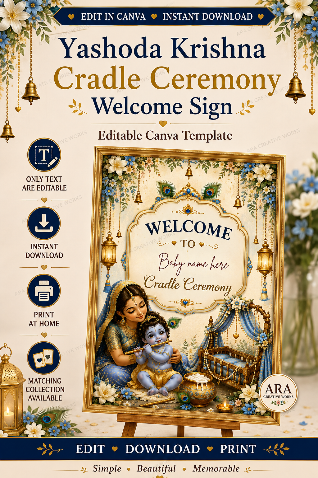 Yashoda Krishna Cradle Ceremony Welcome Sign, Baby Boy Naming Ceremony Sign, Indian Baby Welcome Board, Editable Canva Template