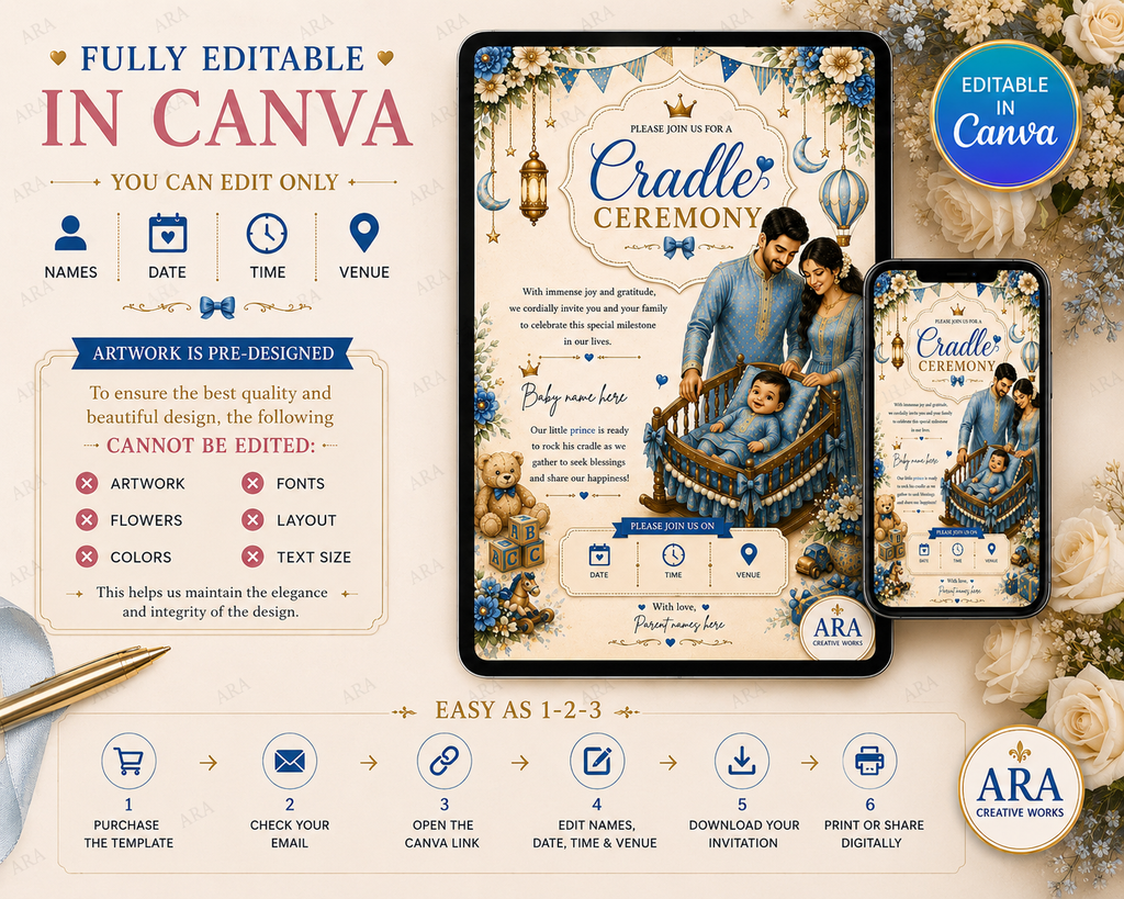 Blue Floral Cradle Ceremony Invitation Template | Editable Canva Invite | Indian Baby Naming Invitation | Namakaran Invitation | Instant Download
