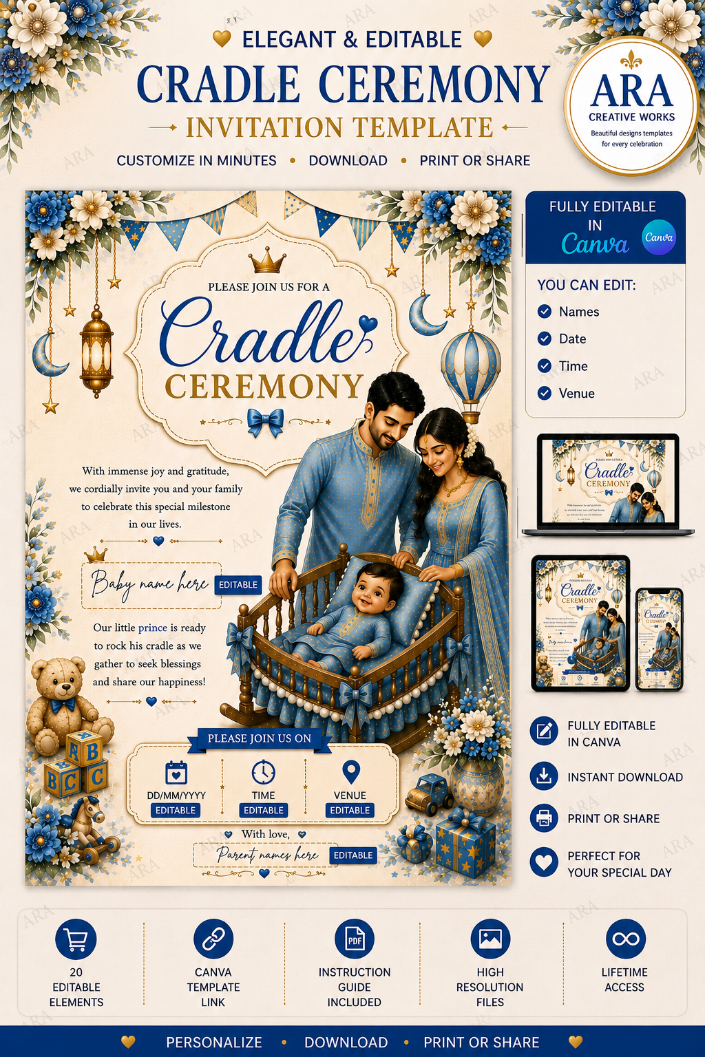 Blue Floral Cradle Ceremony Invitation Template | Editable Canva Invite | Indian Baby Naming Invitation | Namakaran Invitation | Instant Download