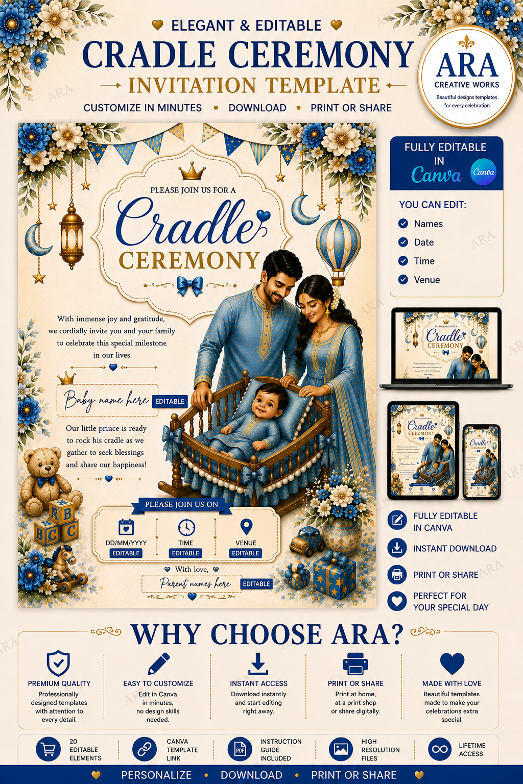Blue Floral Cradle Ceremony Invitation Template | Editable Canva Invite | Indian Baby Naming Invitation | Namakaran Invitation | Instant Download