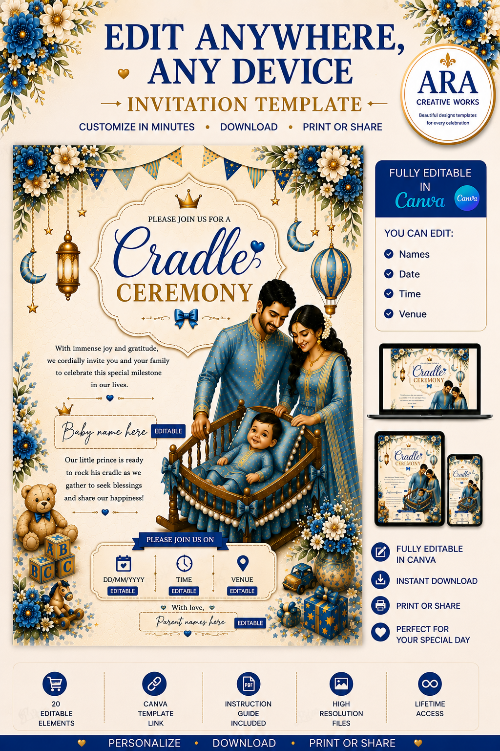 Blue Floral Cradle Ceremony Invitation Template | Editable Canva Invite | Indian Baby Naming Invitation | Namakaran Invitation | Instant Download