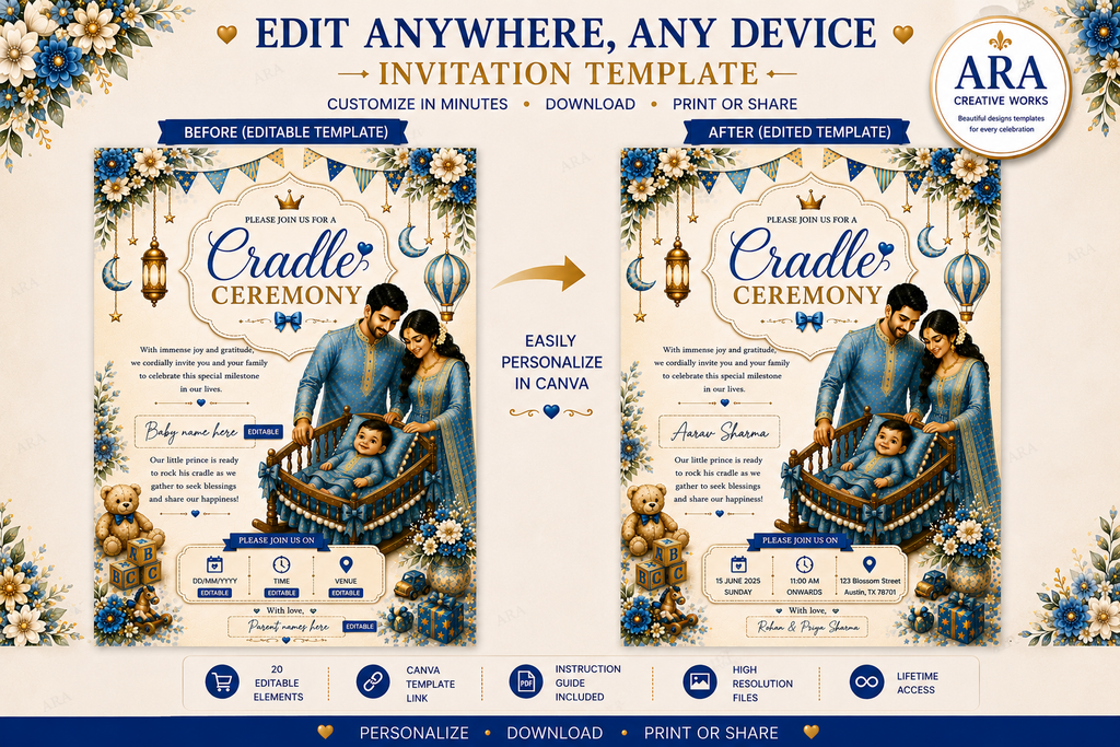 Blue Floral Cradle Ceremony Invitation Template | Editable Canva Invite | Indian Baby Naming Invitation | Namakaran Invitation | Instant Download