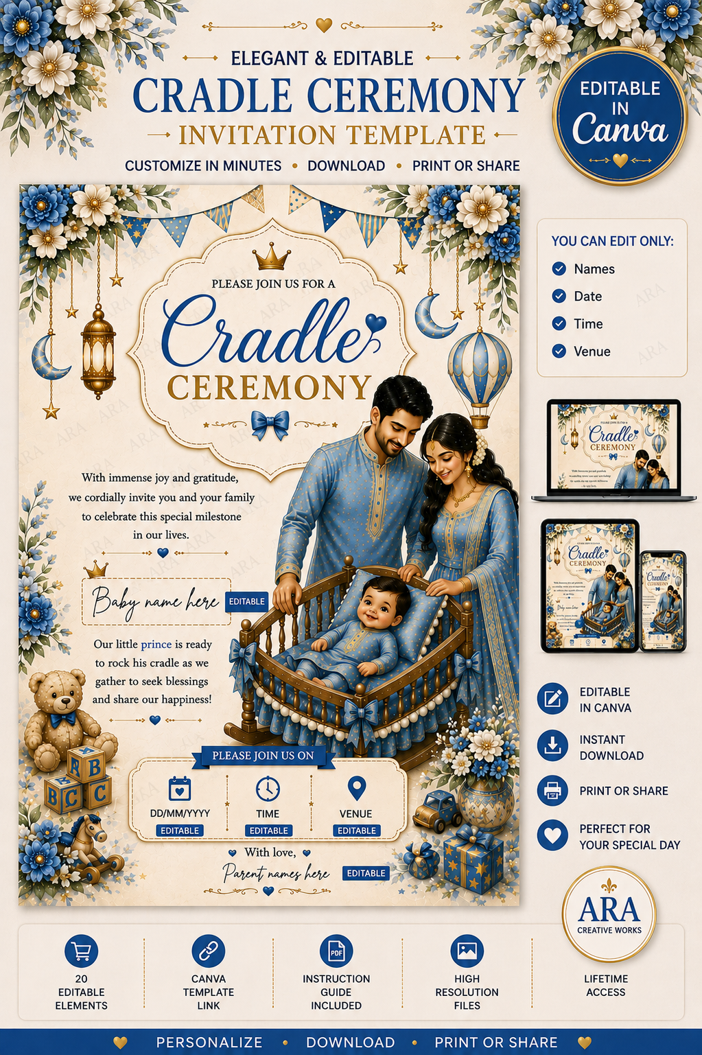 Blue Floral Cradle Ceremony Invitation Template | Editable Canva Invite | Indian Baby Naming Invitation | Namakaran Invitation | Instant Download