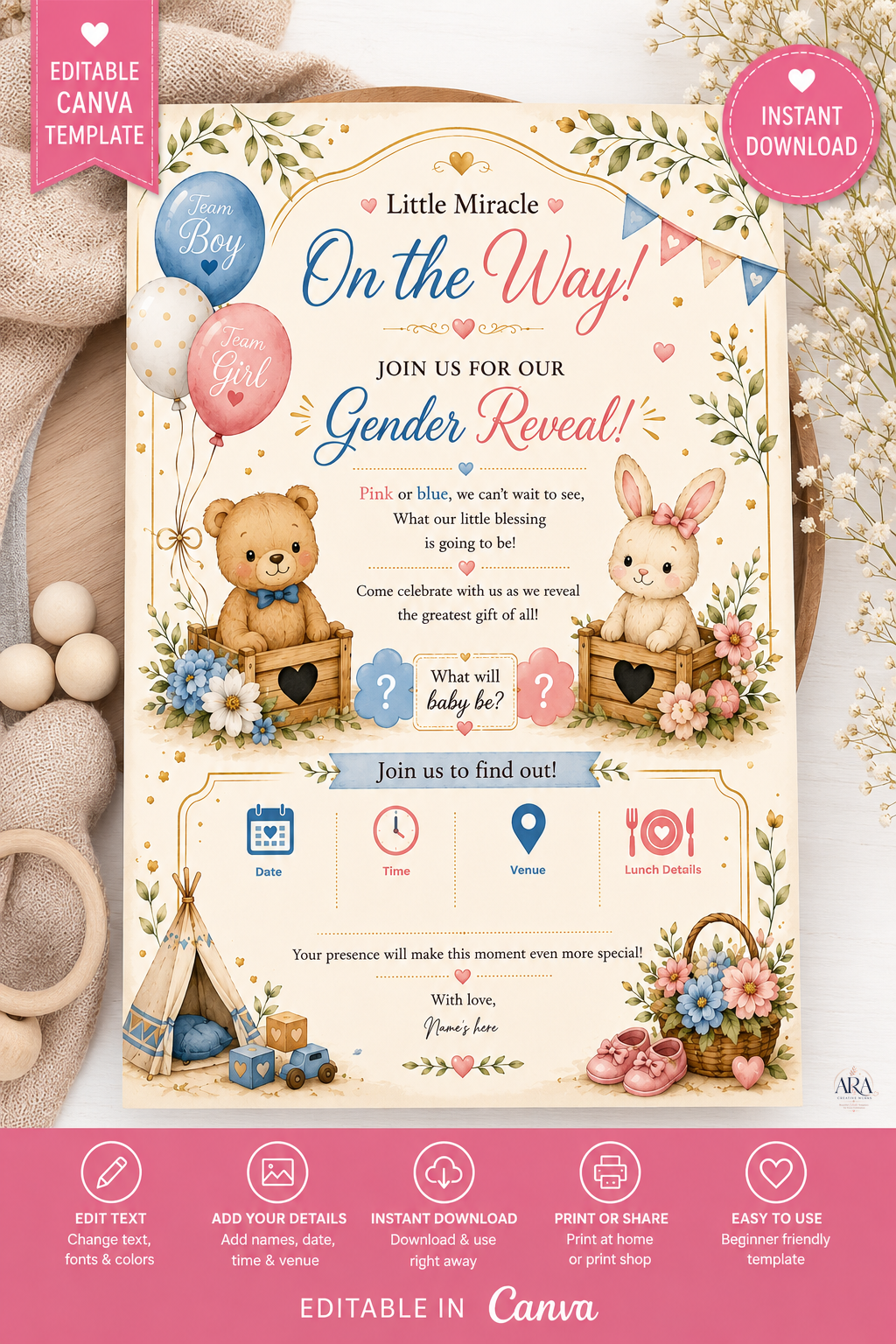 Sage Teddy Bear Gender Reveal Invitation Template | Editable Canva Invite | Instant Download