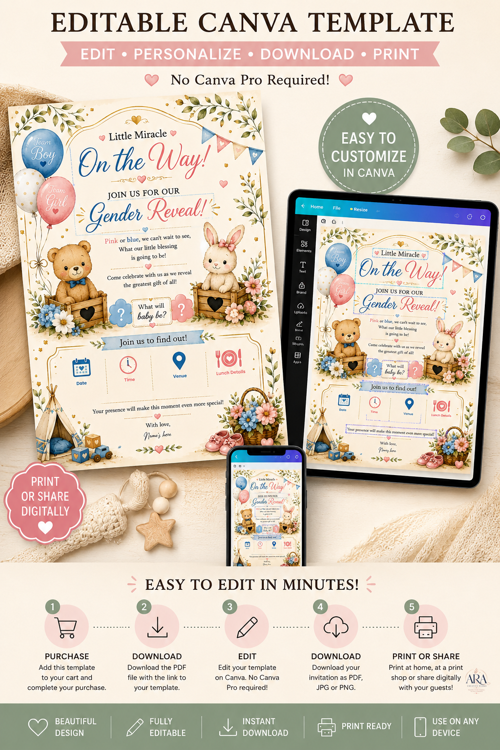 Sage Teddy Bear Gender Reveal Invitation Template | Editable Canva Invite | Instant Download