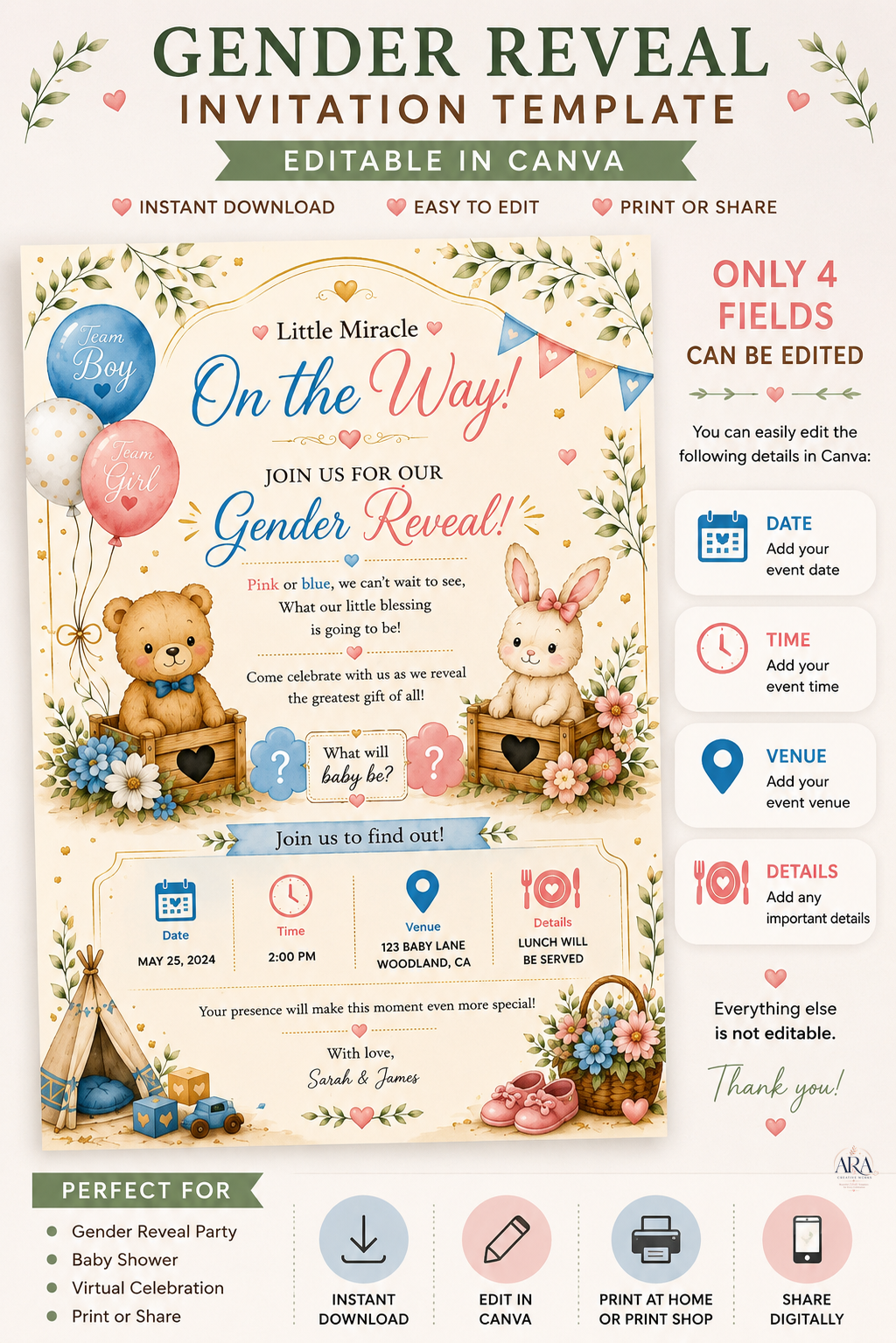 Sage Teddy Bear Gender Reveal Invitation Template | Editable Canva Invite | Instant Download