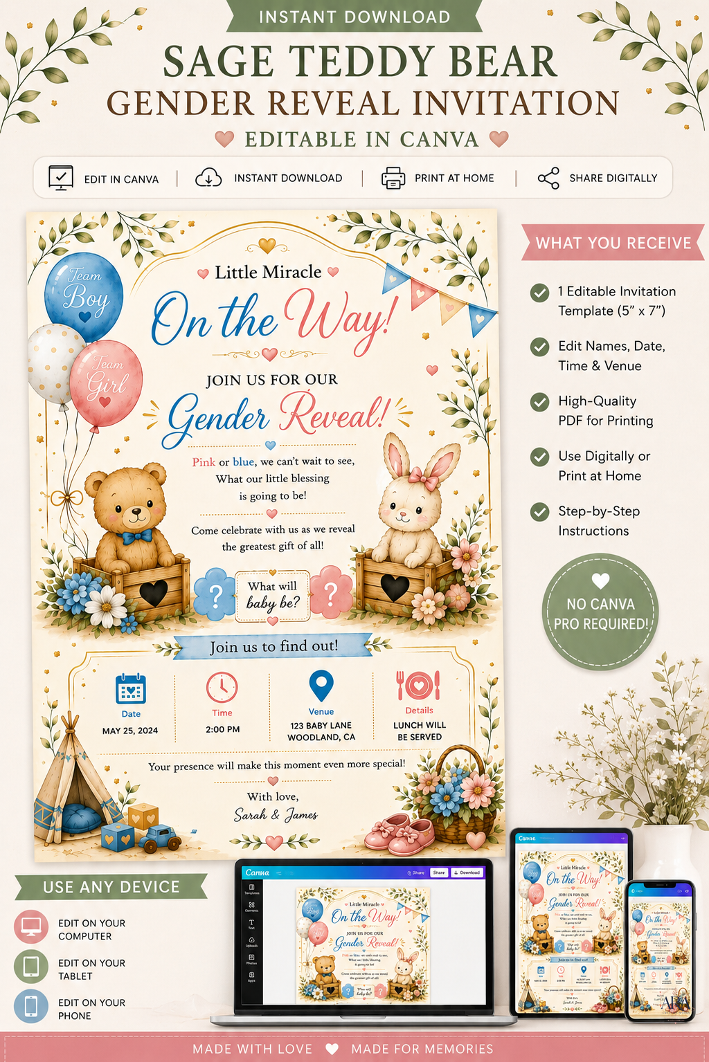 Sage Teddy Bear Gender Reveal Invitation Template | Editable Canva Invite | Instant Download