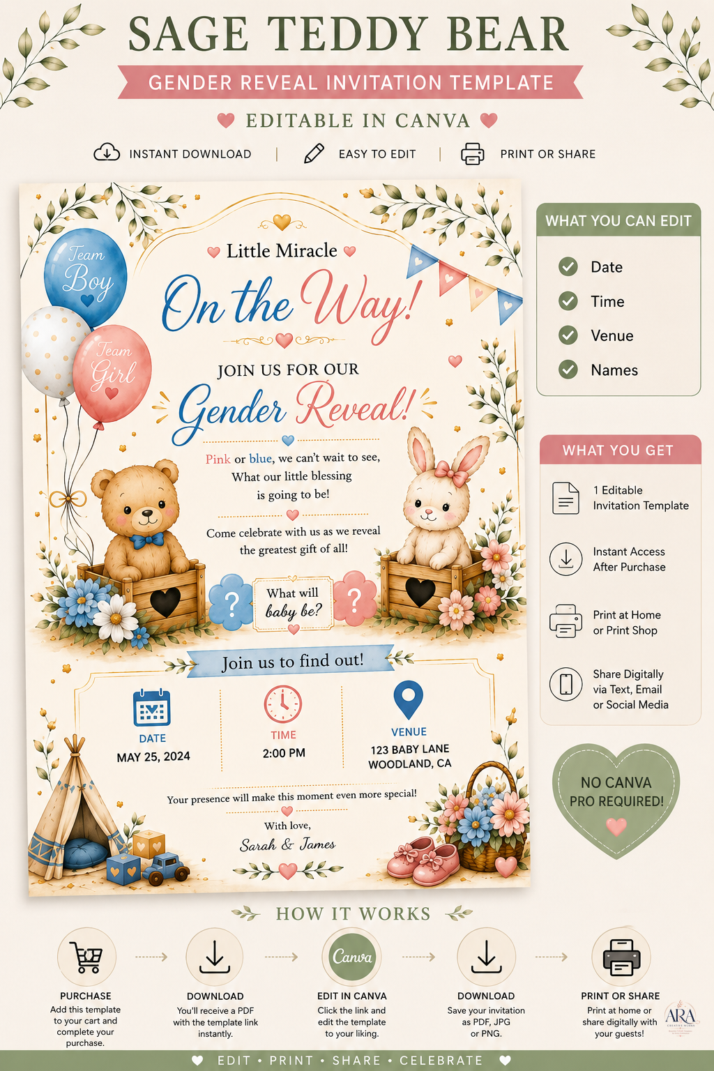 Sage Teddy Bear Gender Reveal Invitation Template | Editable Canva Invite | Instant Download