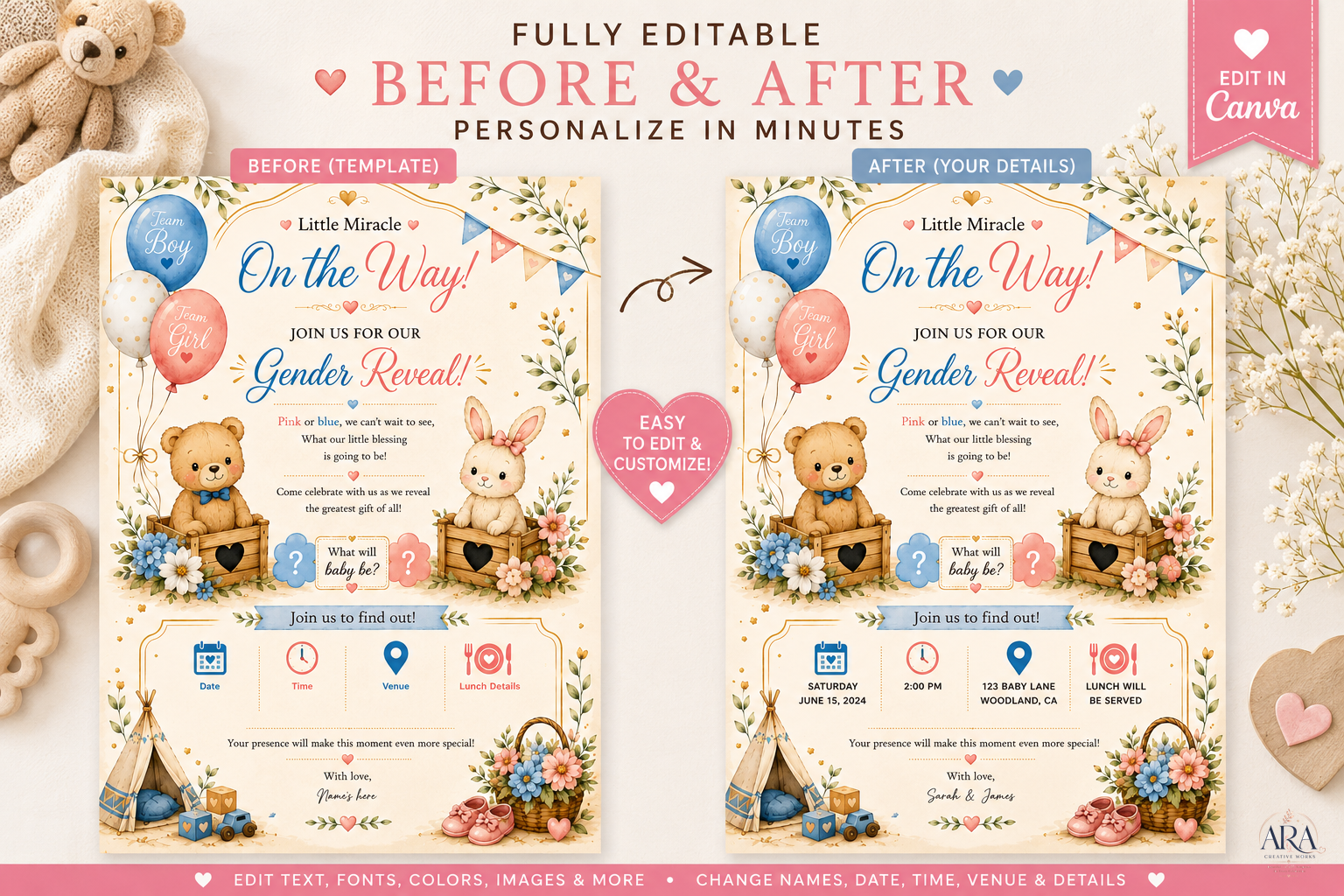 Sage Teddy Bear Gender Reveal Invitation Template | Editable Canva Invite | Instant Download