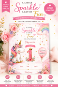 Unicorn 1st Birthday Invitation Template | Editable Canva Birthday Invite | Pink Rainbow First Birthday Party Invitation