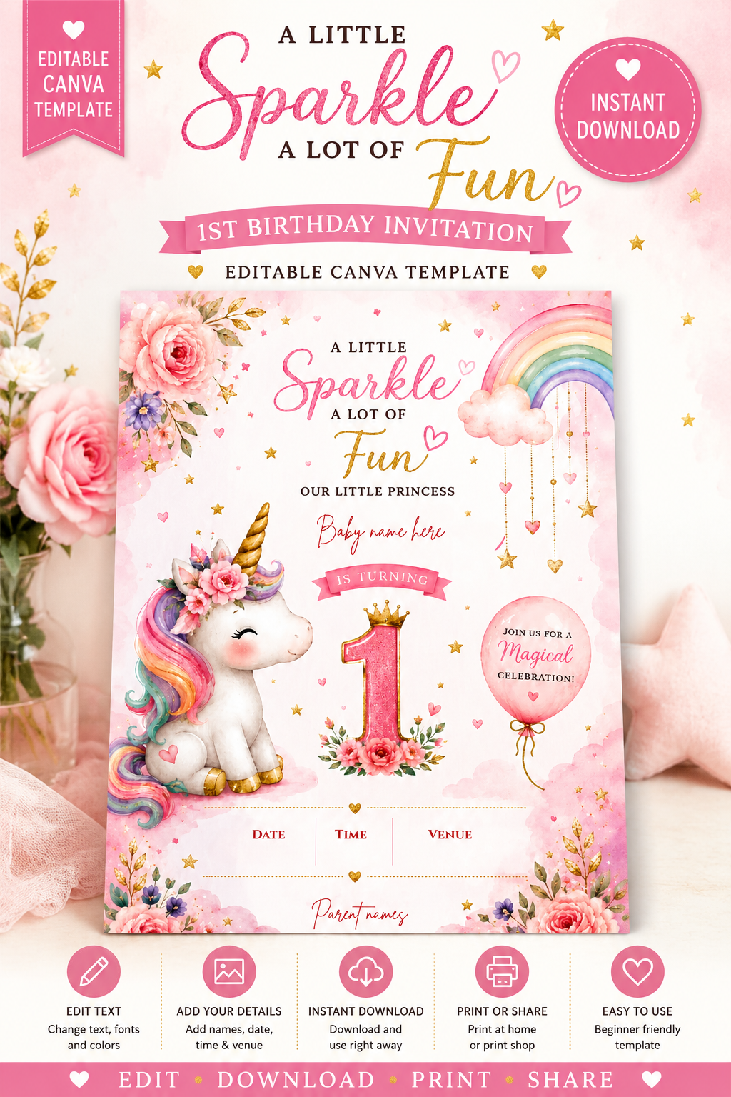 Unicorn 1st Birthday Invitation Template | Editable Canva Birthday Invite | Pink Rainbow First Birthday Party Invitation