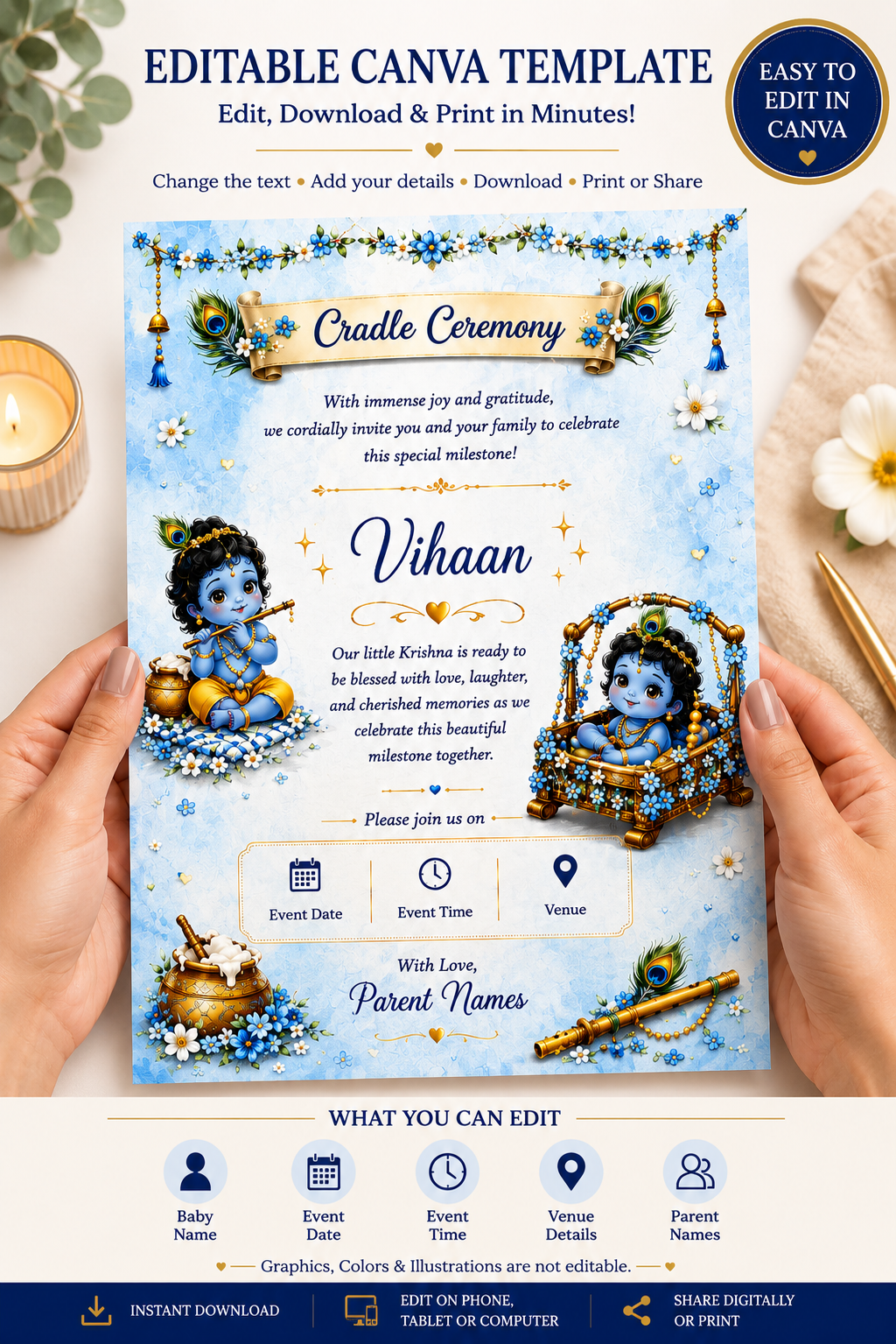 Little Krishna Cradle Ceremony Invitation Template | Editable Canva Invitation | Namakaran Invitation | Baby Naming Ceremony | Digital Download