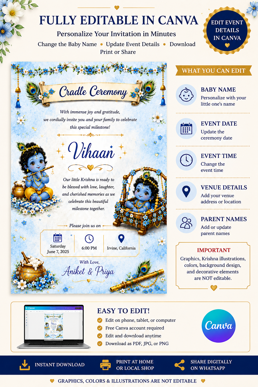 Little Krishna Cradle Ceremony Invitation Template | Editable Canva Invitation | Namakaran Invitation | Baby Naming Ceremony | Digital Download