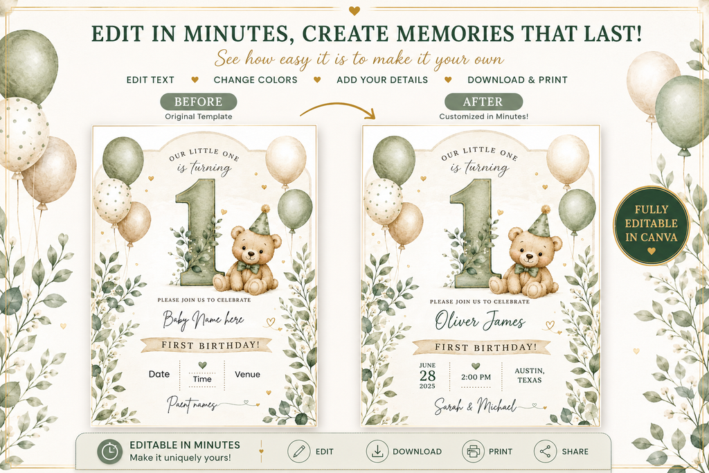 Sage Teddy Bear 1st Birthday Invitation Template | Editable Canva Invite | Instant Download