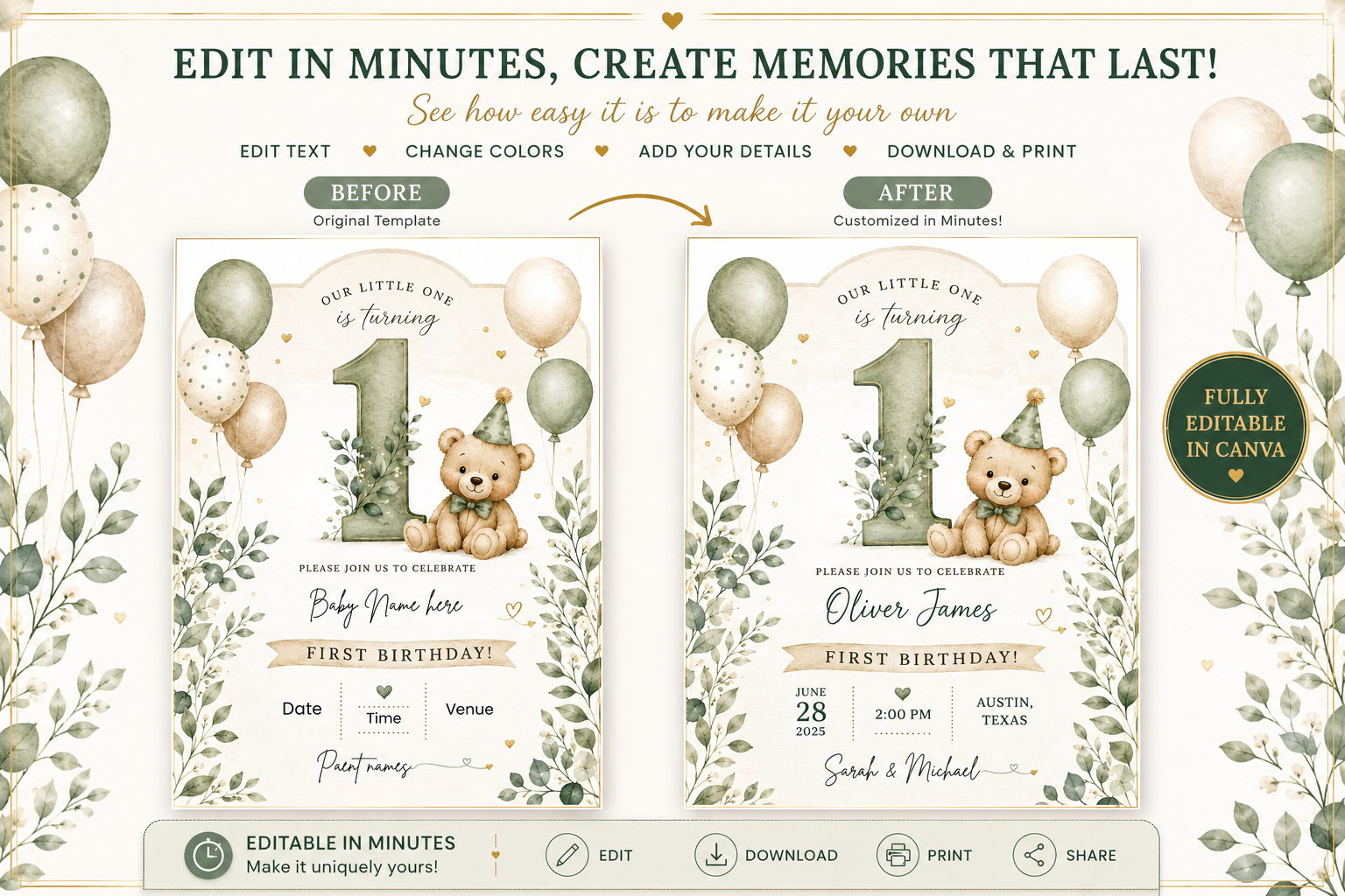 Sage Teddy Bear 1st Birthday Invitation Template | Editable Canva Invite | Instant Download