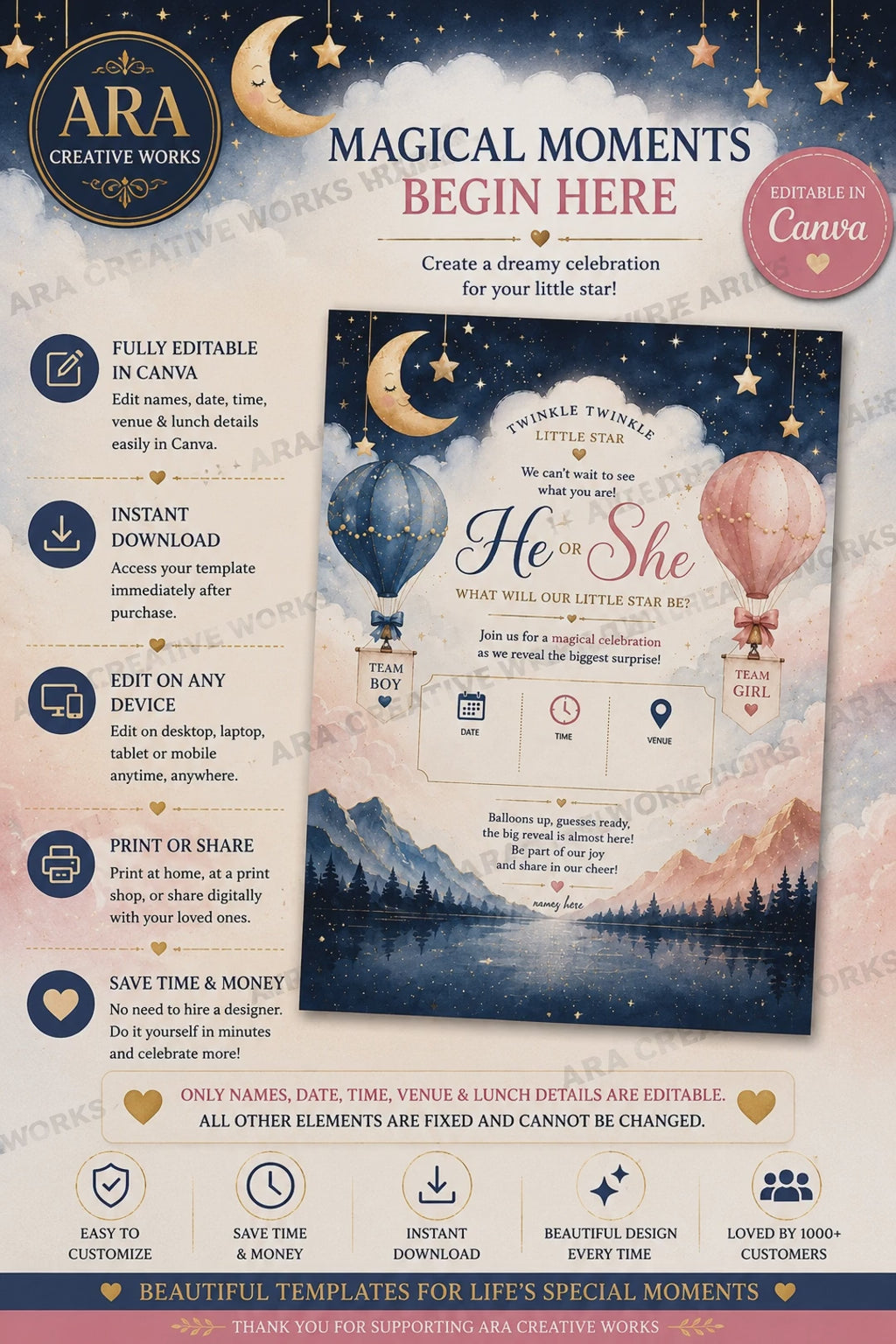 Twinkle Twinkle Little Star Gender Reveal Invitation | Editable Canva Template | Digital Download