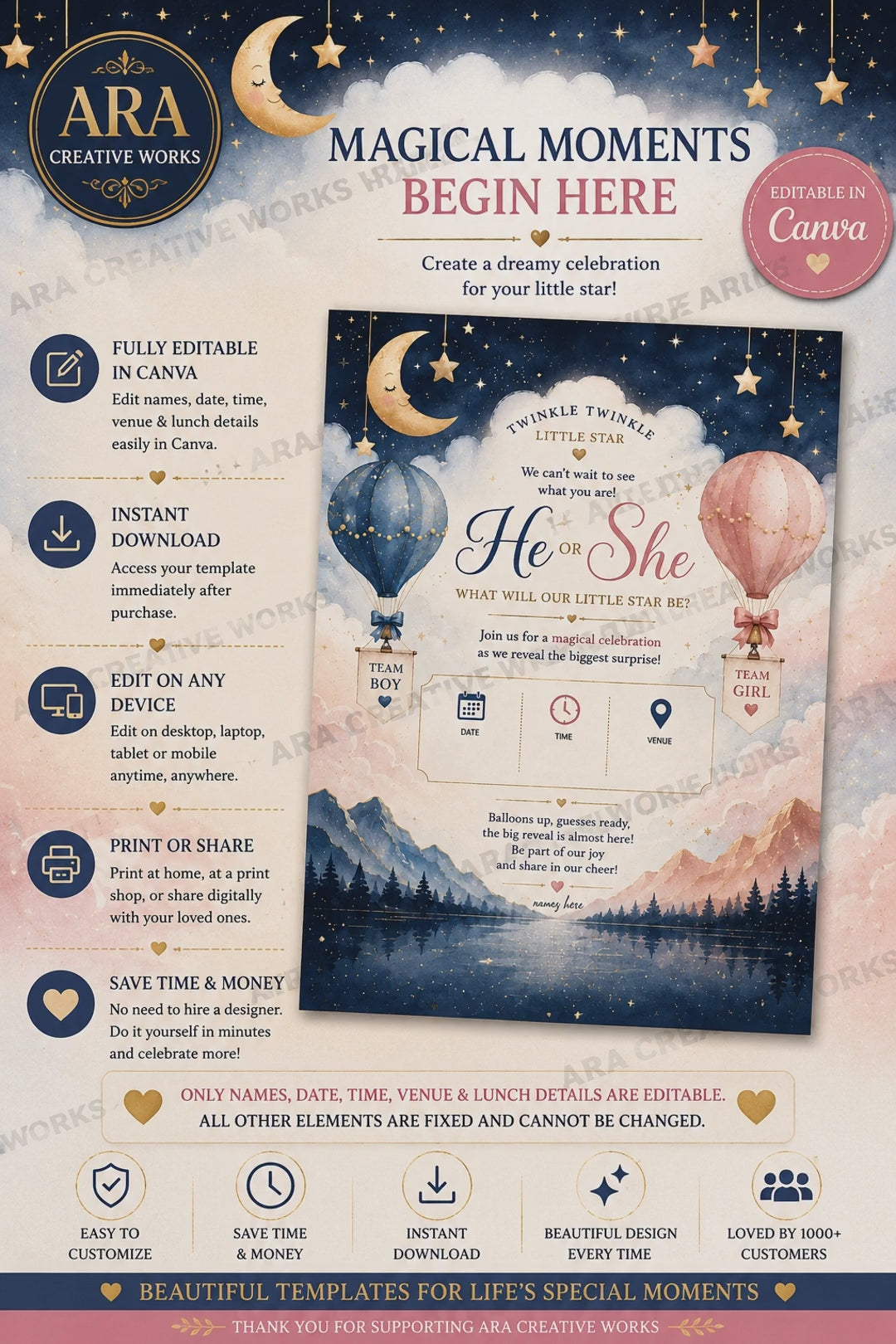 Twinkle Twinkle Little Star Gender Reveal Invitation | Editable Canva Template | Digital Download
