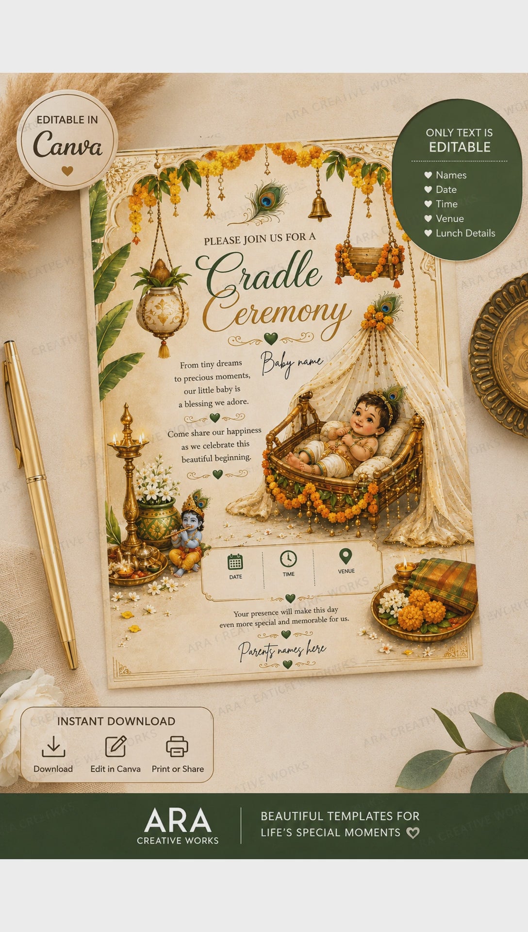 Traditional Little Krishna Cradle Ceremony Invitation | Editable Canva Template | Temple Theme | Instant Download