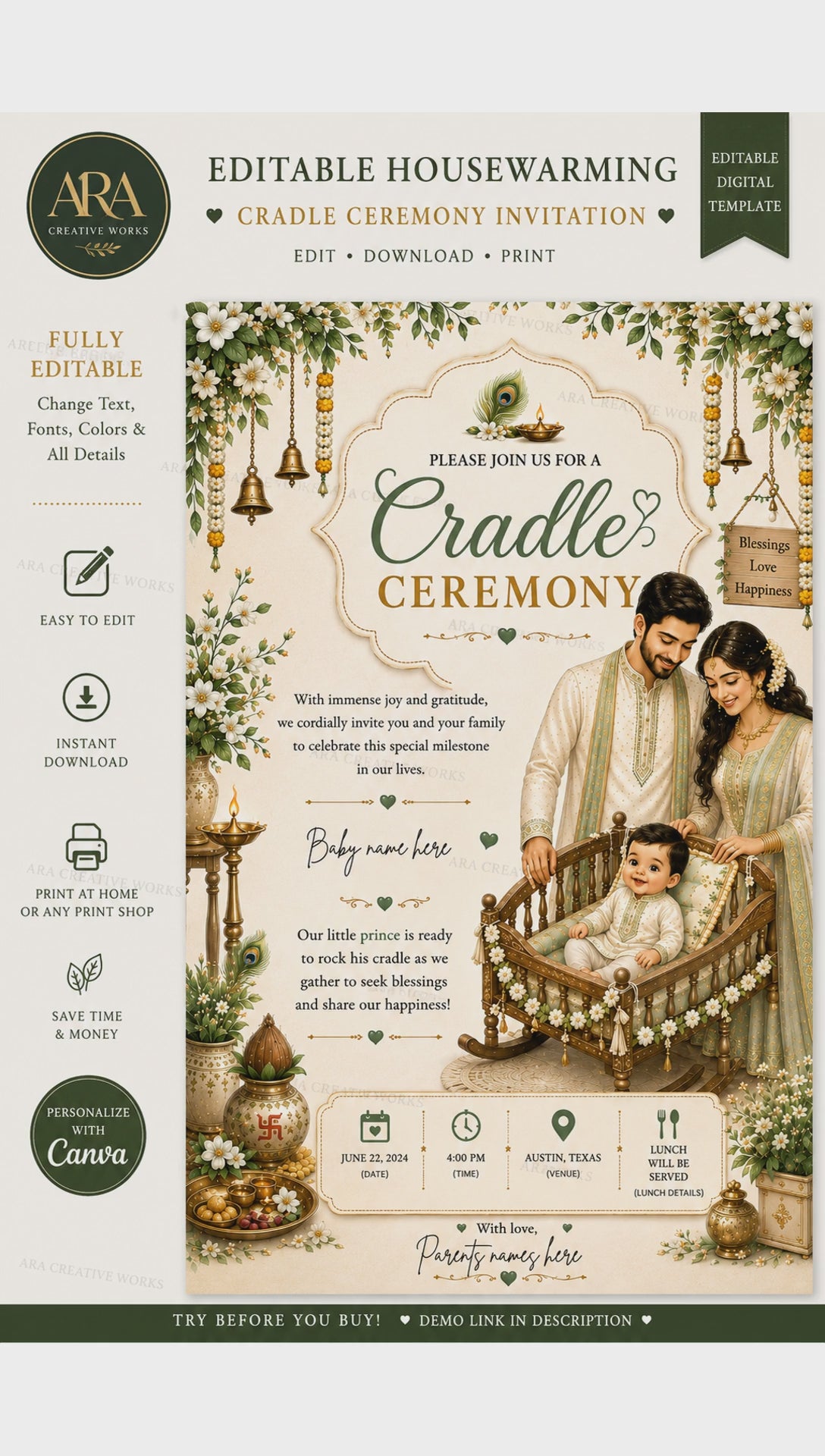 Traditional Baby Boy Cradle Ceremony Invitation | Editable Canva Template | Family Namakaran Invitation | Digital Download