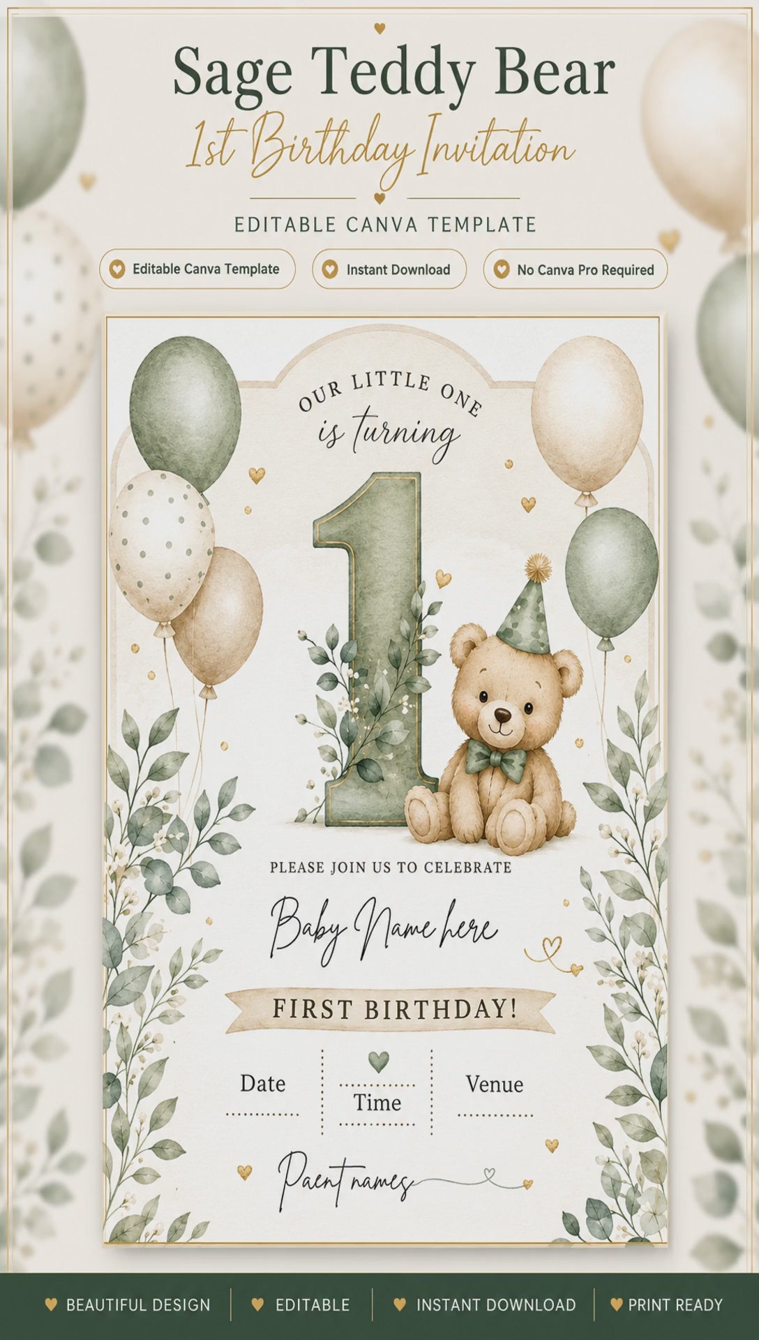Sage Teddy Bear 1st Birthday Invitation Template | Editable Canva Invite | Instant Download