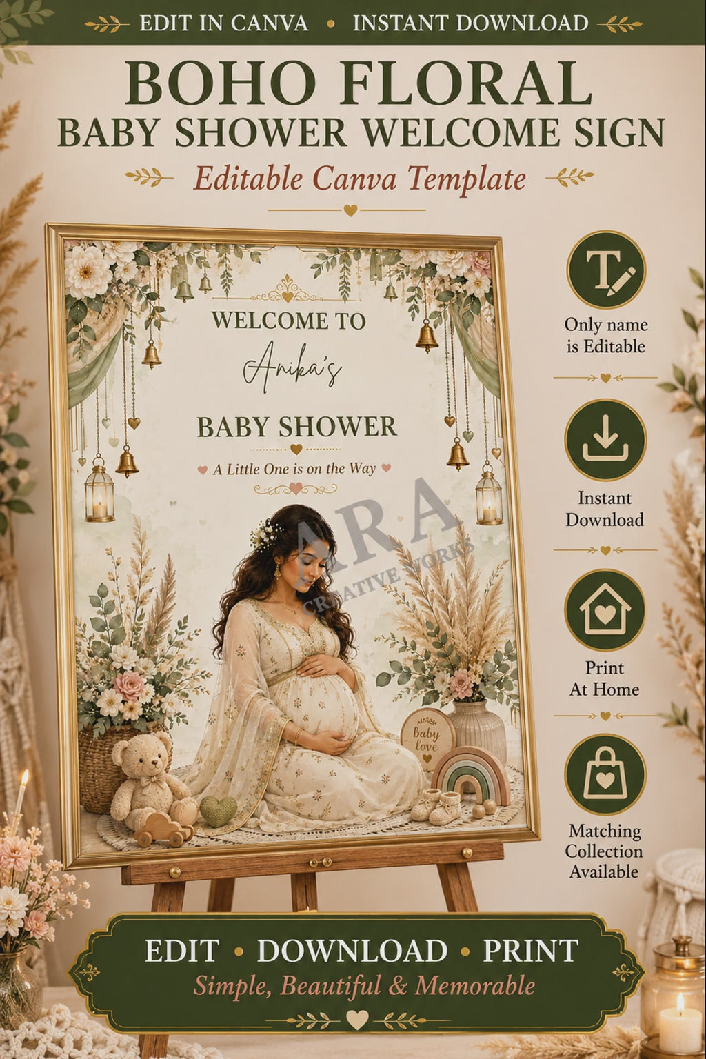 Boho Floral Baby Shower Welcome Sign | Editable Canva Template | Neutral Baby Shower Sign | Boho Pregnancy Welcome Poster | Printable Sign