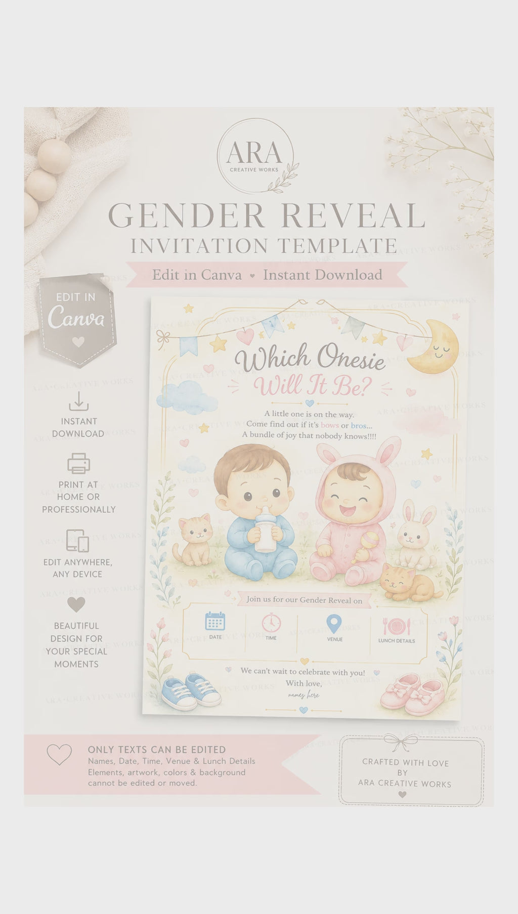 Cute Baby Onesie Gender Reveal Invitation | Canva Editable Template | Instant Download