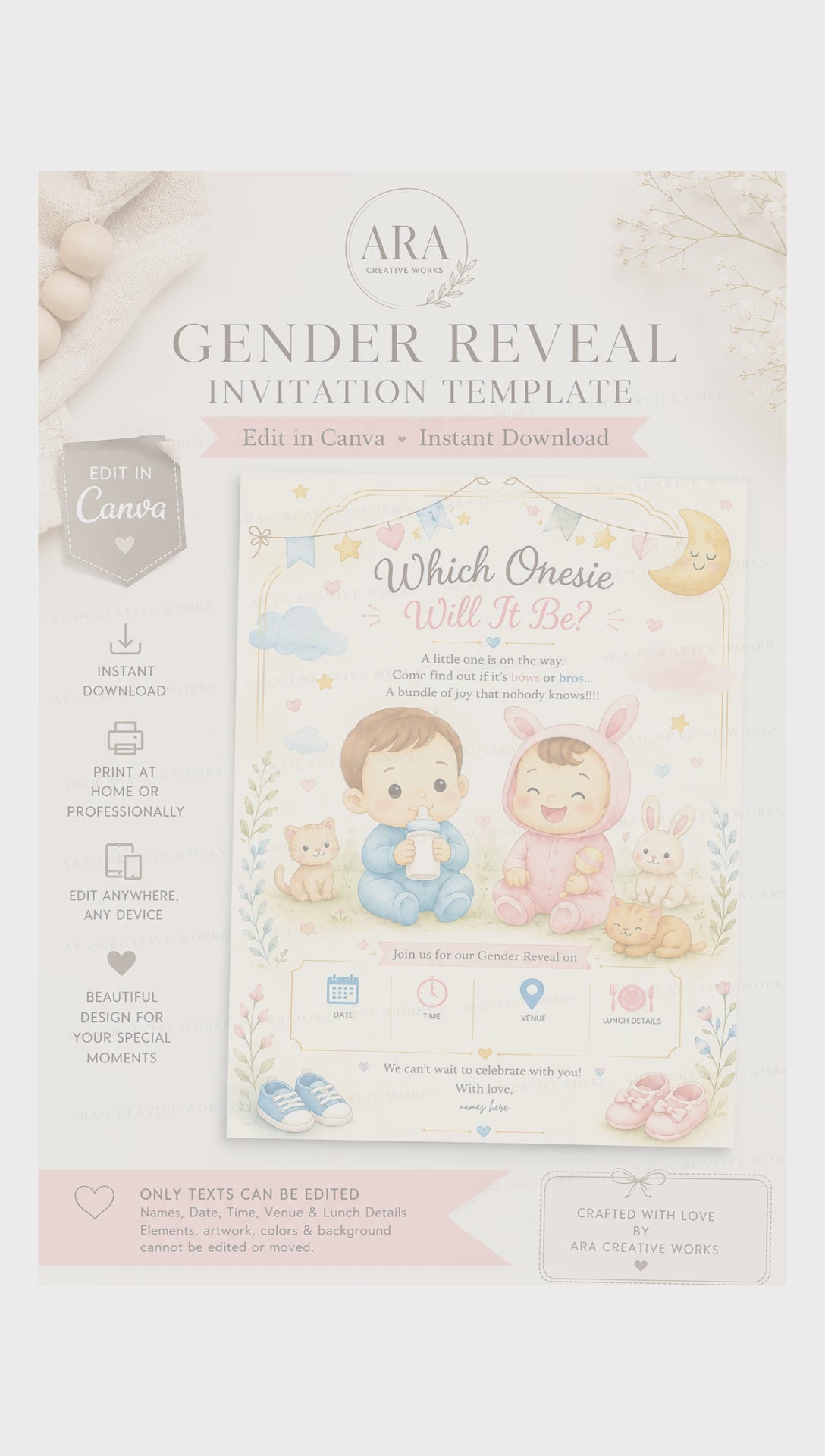 Cute Baby Onesie Gender Reveal Invitation | Canva Editable Template | Instant Download