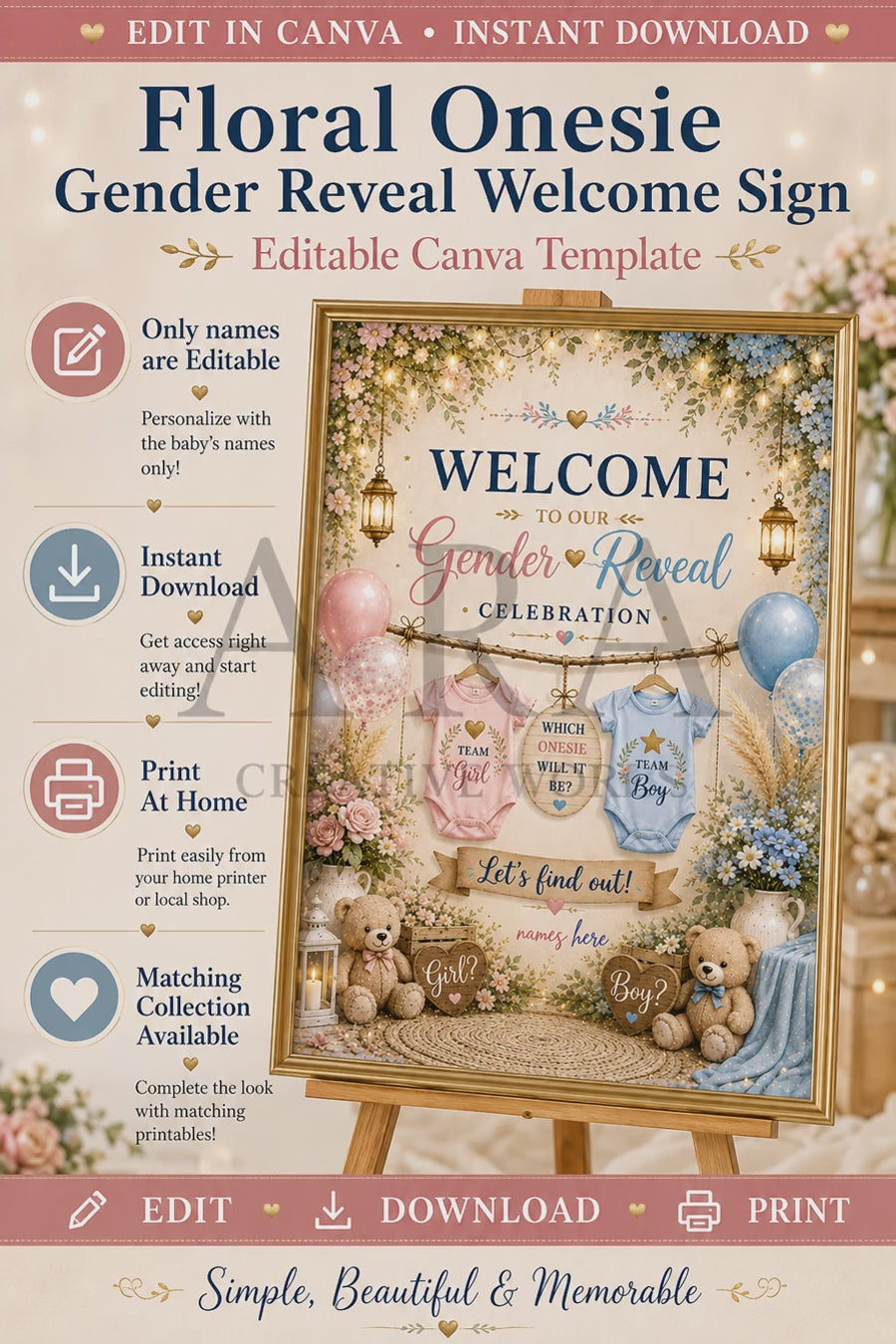Floral Onesie Gender Reveal Welcome Sign | Editable Canva Template | Boy or Girl Gender Reveal Sign | Pink Blue Baby Reveal Decor
