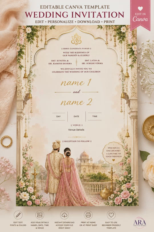 Editable Indian Wedding Invitation Template | Hindu Wedding Canva Invite | Floral Palace Printable Invitation