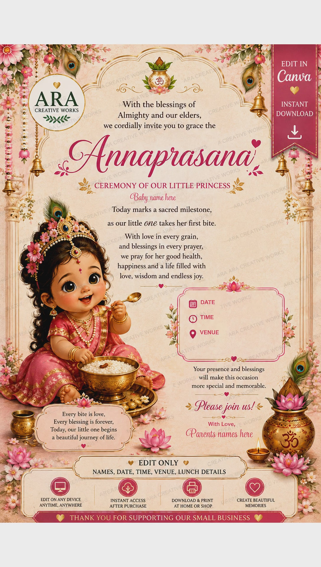Little Radha Annaprasanna Ceremony Invitation | Editable Canva Baby Girl First Rice Ceremony Invite