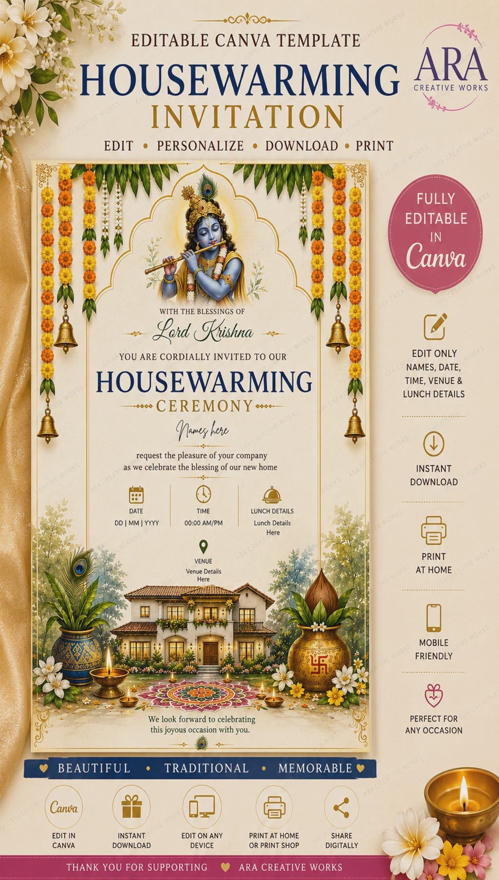 Lord Krishna Housewarming Invitation Template | Editable Canva Invite | Gruha Pravesh Invitation | Digital Download