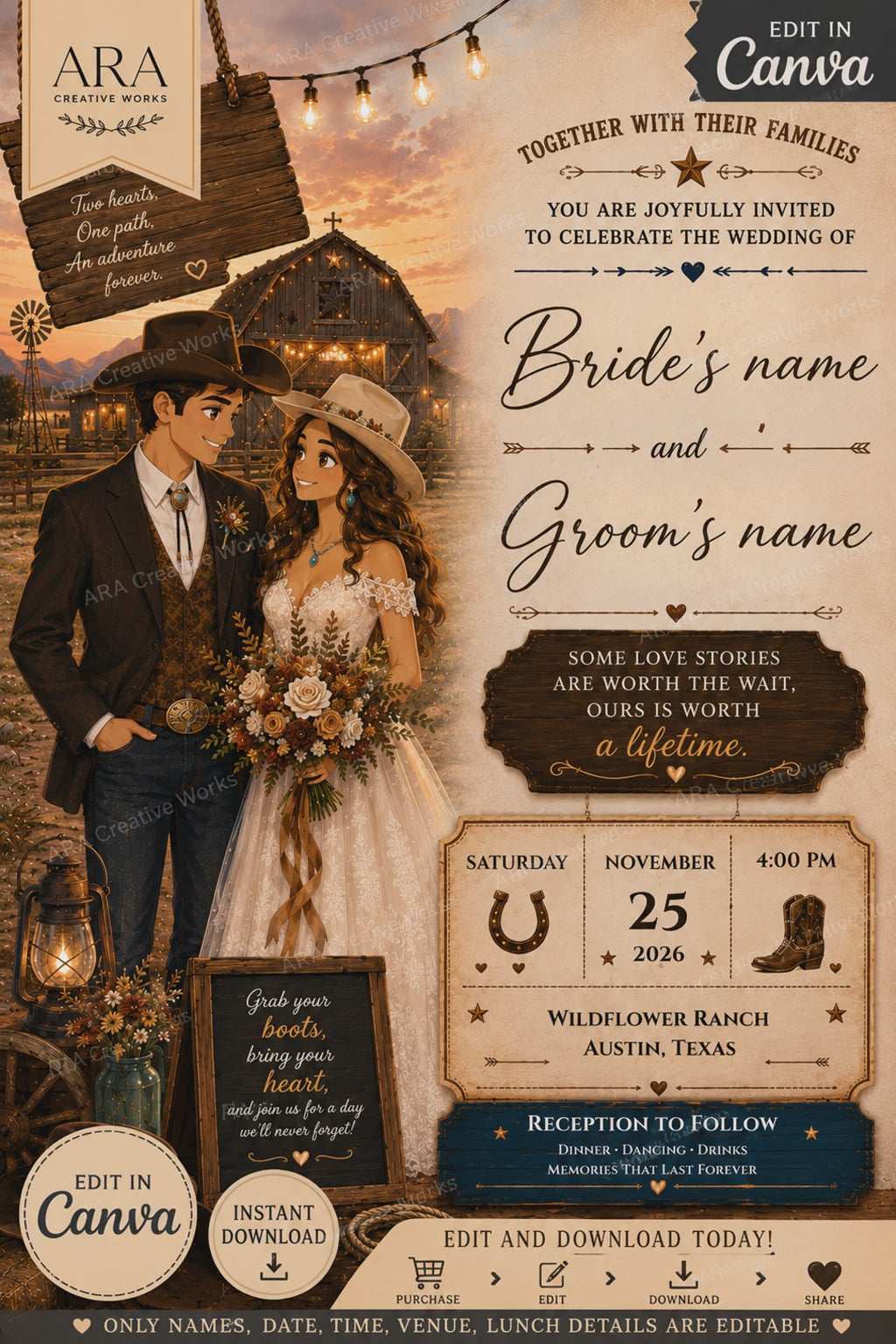 Country Love Wedding Invitation Template | Western Wedding Invitation | Cowboy Wedding Invite | Rustic Ranch Wedding | Canva Editable Invitation