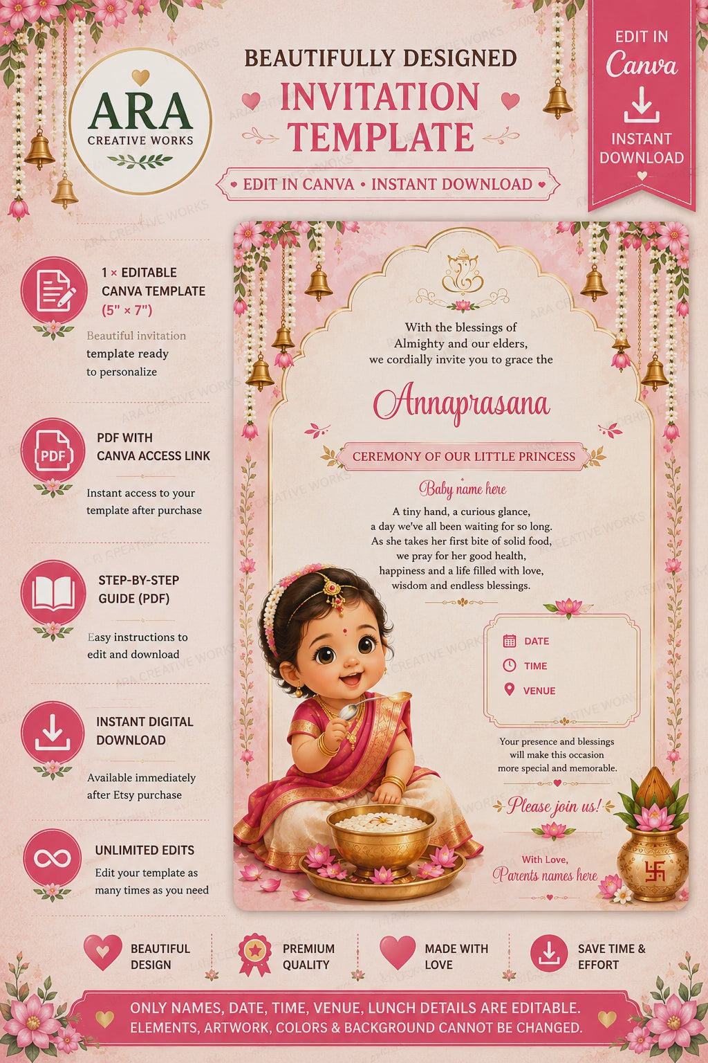 Elegant Floral Annaprasana Ceremony Invitation | Editable Canva Template | Instant Download