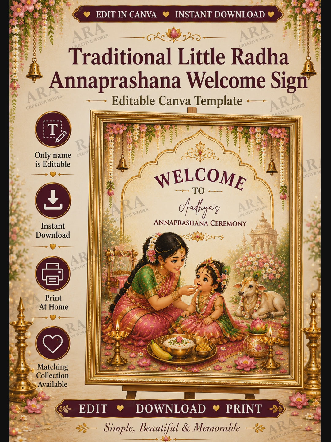 Little Radha Annaprashana Welcome Sign, Baby Girl Annaprasana Ceremony, Editable Canva Template, Hindu First Feeding Welcome Board