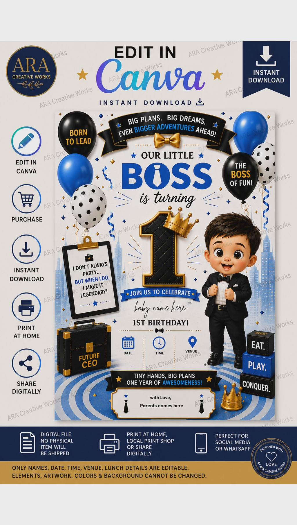 Little Boss 1st Birthday Invitation Template | Editable Canva Birthday Invitation | Instant Digital Download
