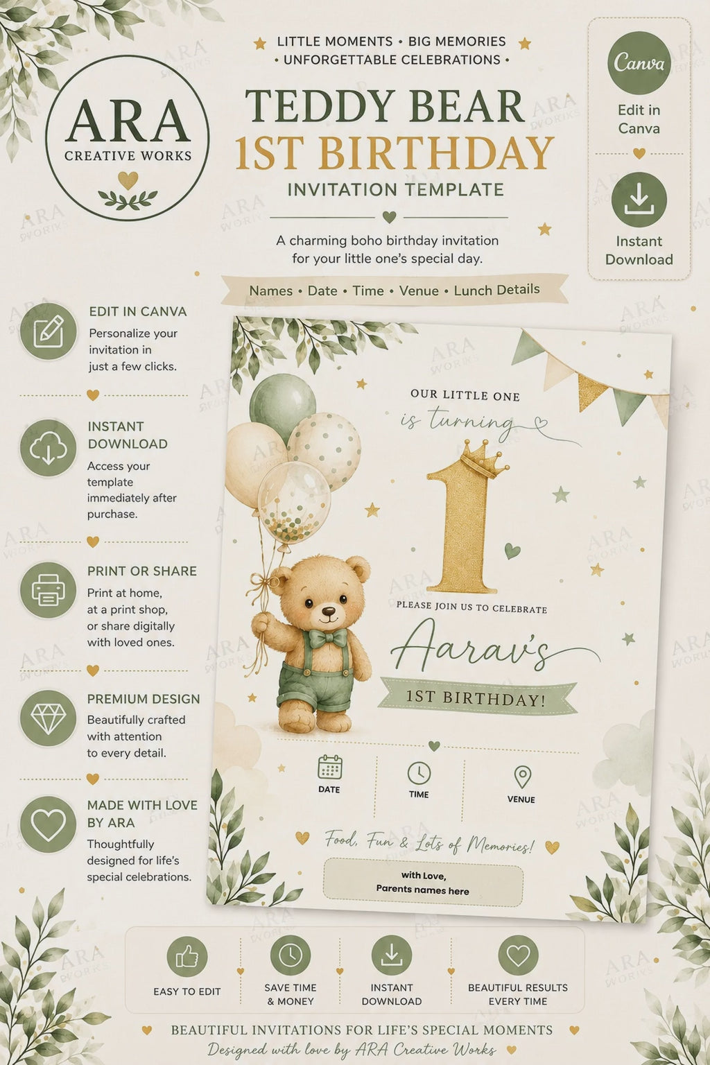 Elegant Teddy Bear Birthday Invitation Template | Editable Canva 1st Birthday Invite | Instant Digital Download