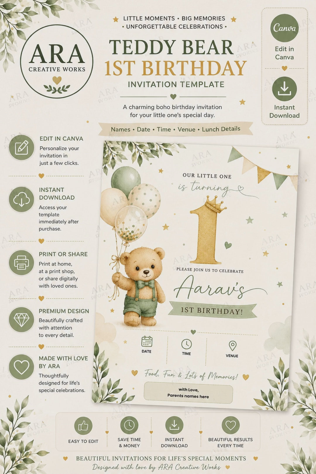 Elegant Teddy Bear Birthday Invitation Template | Editable Canva 1st Birthday Invite | Instant Digital Download