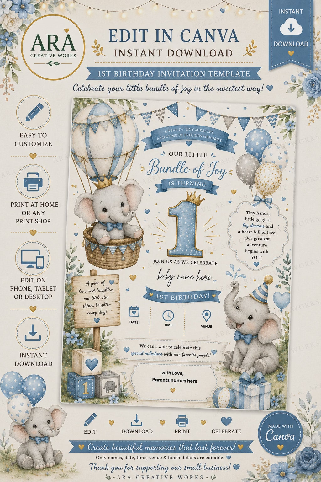 Boho Baby Elephant 1st Birthday Invitation Template | Editable Canva Birthday Invite | Instant Digital Download