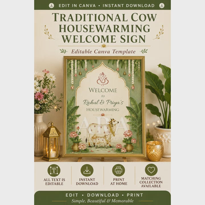 Traditional Cow Housewarming Welcome Sign | Griha Pravesh Canva Template | Indian Housewarming Sign | Editable Welcome Board | Instant Download
