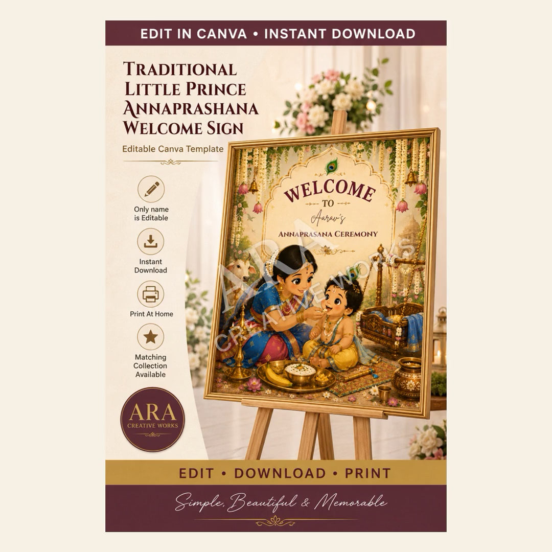 Traditional Little Prince Annaprashana Welcome Sign, First Rice Ceremony Welcome Board, Editable Canva Template, Little Krishna Baby Sign