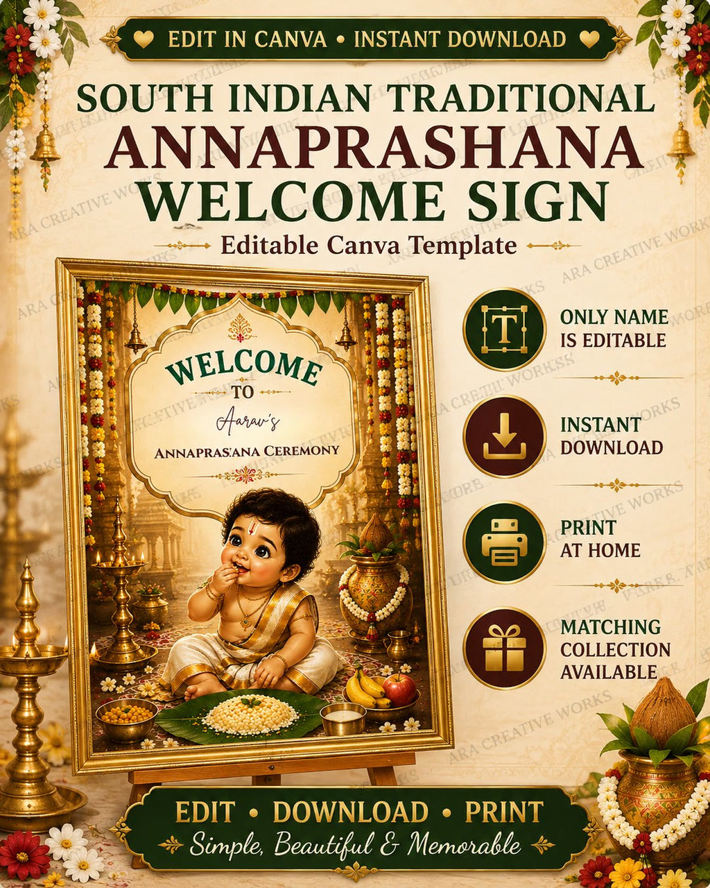 South Indian Traditional Annaprashana Welcome Sign | Editable Canva Template | First Rice Ceremony Welcome Board | Indian Baby Ceremony